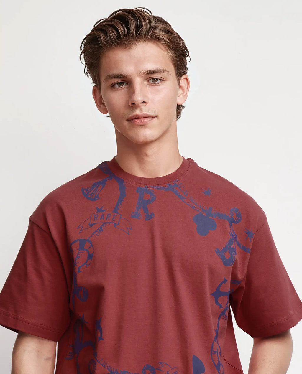 Rare Rabbit Men's Xab Pastel Red Cotton Graphic Print Oversized Fit Half Sleeve Crew Neck T-Shirt