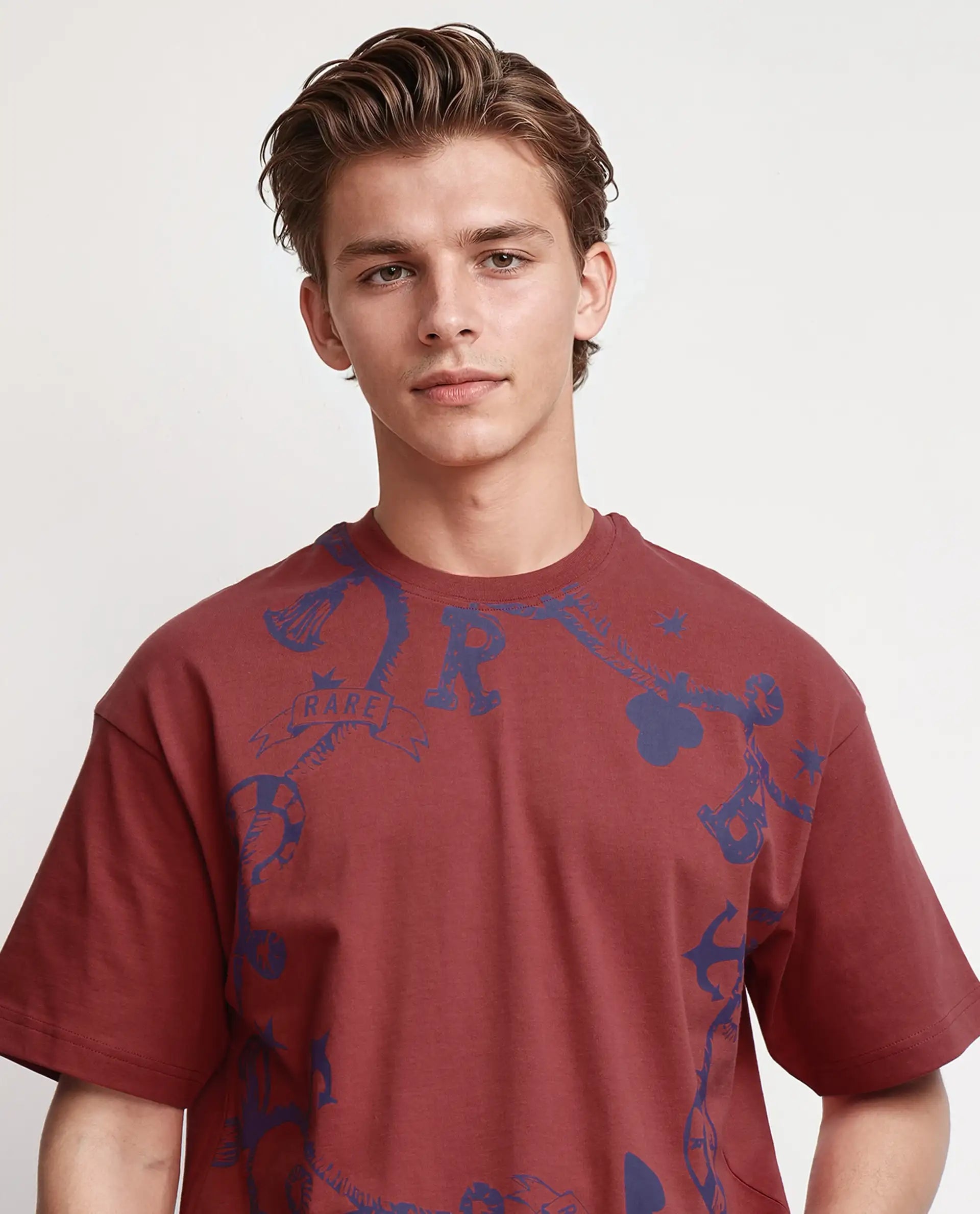 Rare Rabbit Men's Xab Pastel Red Cotton Graphic Print Oversized Fit Half Sleeve Crew Neck T-Shirt