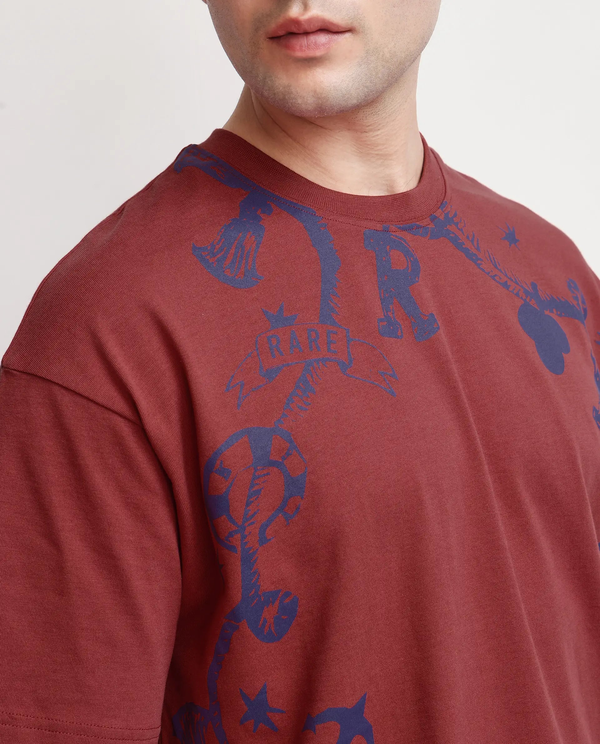 Rare Rabbit Men's Xab Pastel Red Cotton Graphic Print Oversized Fit Half Sleeve Crew Neck T-Shirt