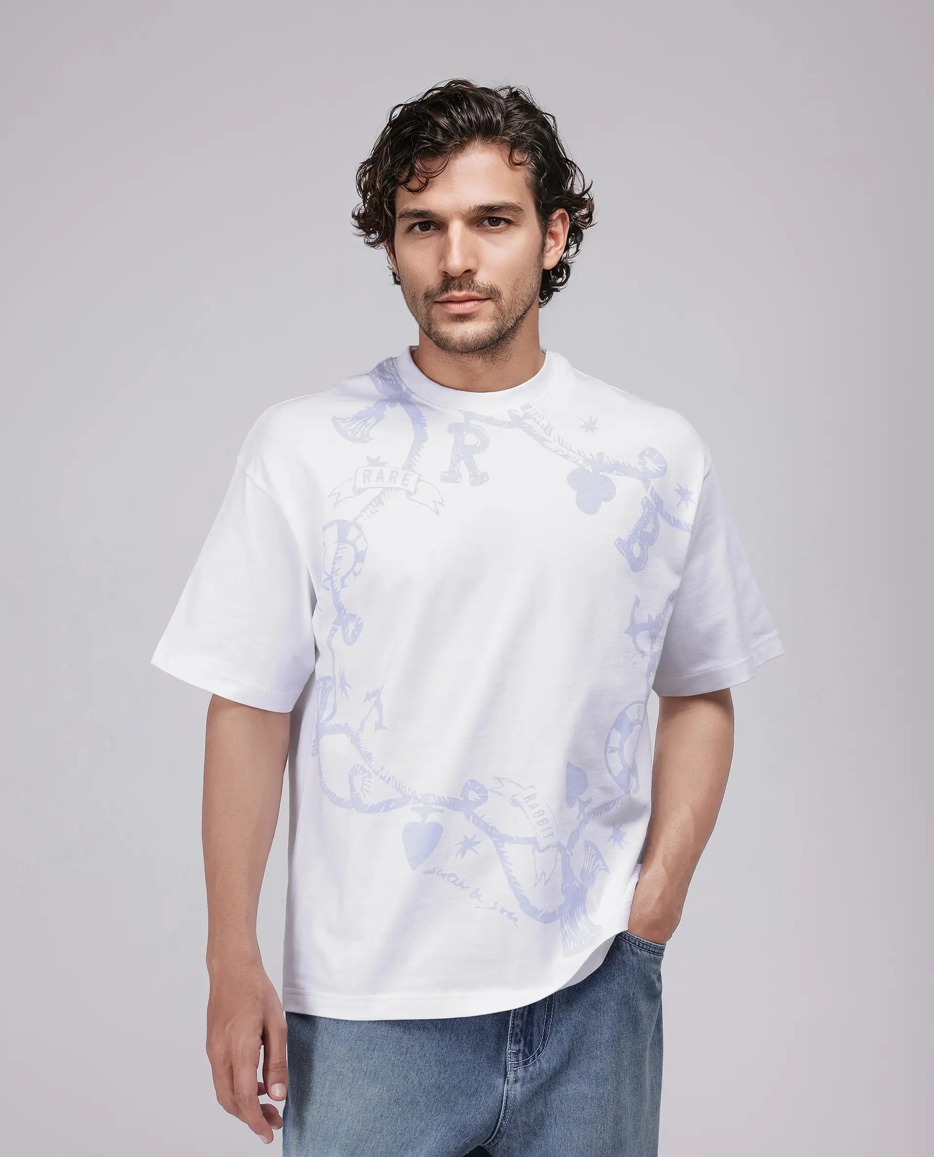 Rare Rabbit Men's Xab White Cotton Graphic Print Oversized Fit Half Sleeve Crew Neck T-Shirt