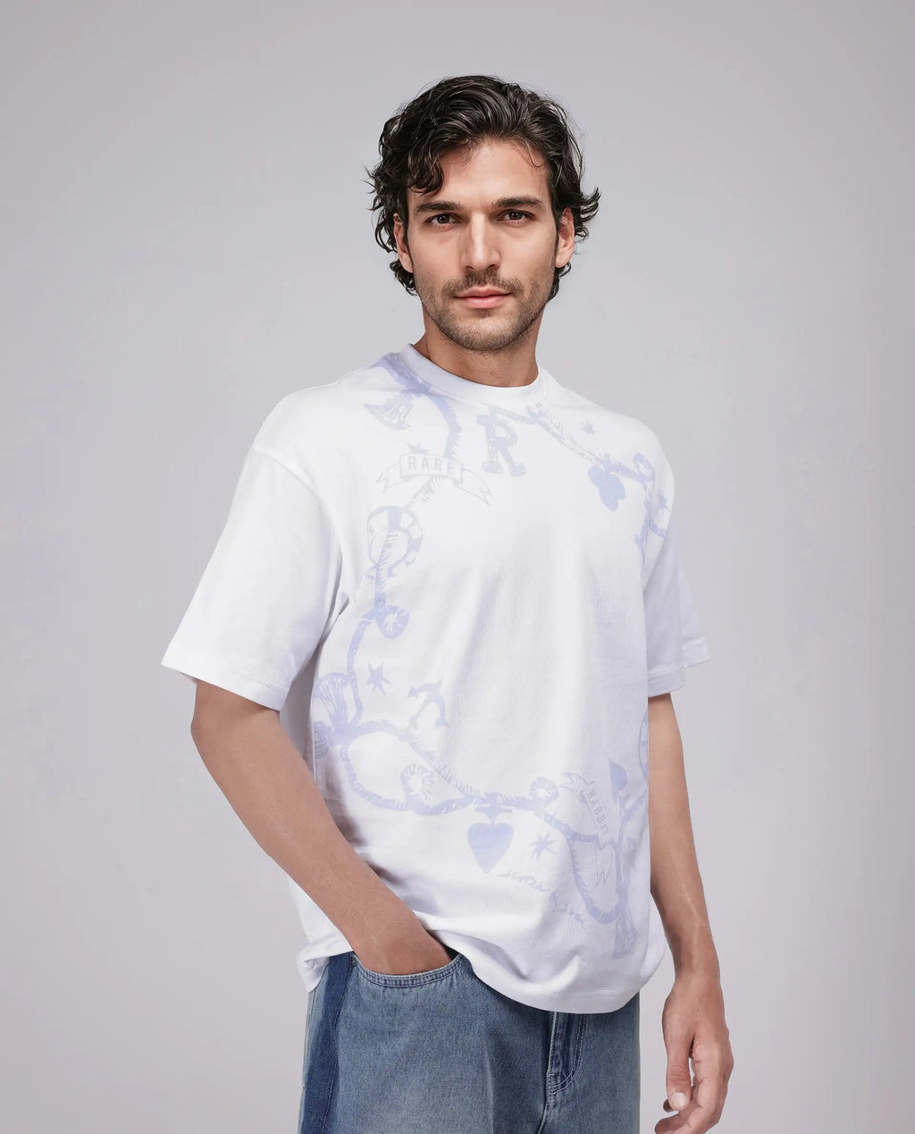 Rare Rabbit Men's Xab White Cotton Graphic Print Oversized Fit Half Sleeve Crew Neck T-Shirt