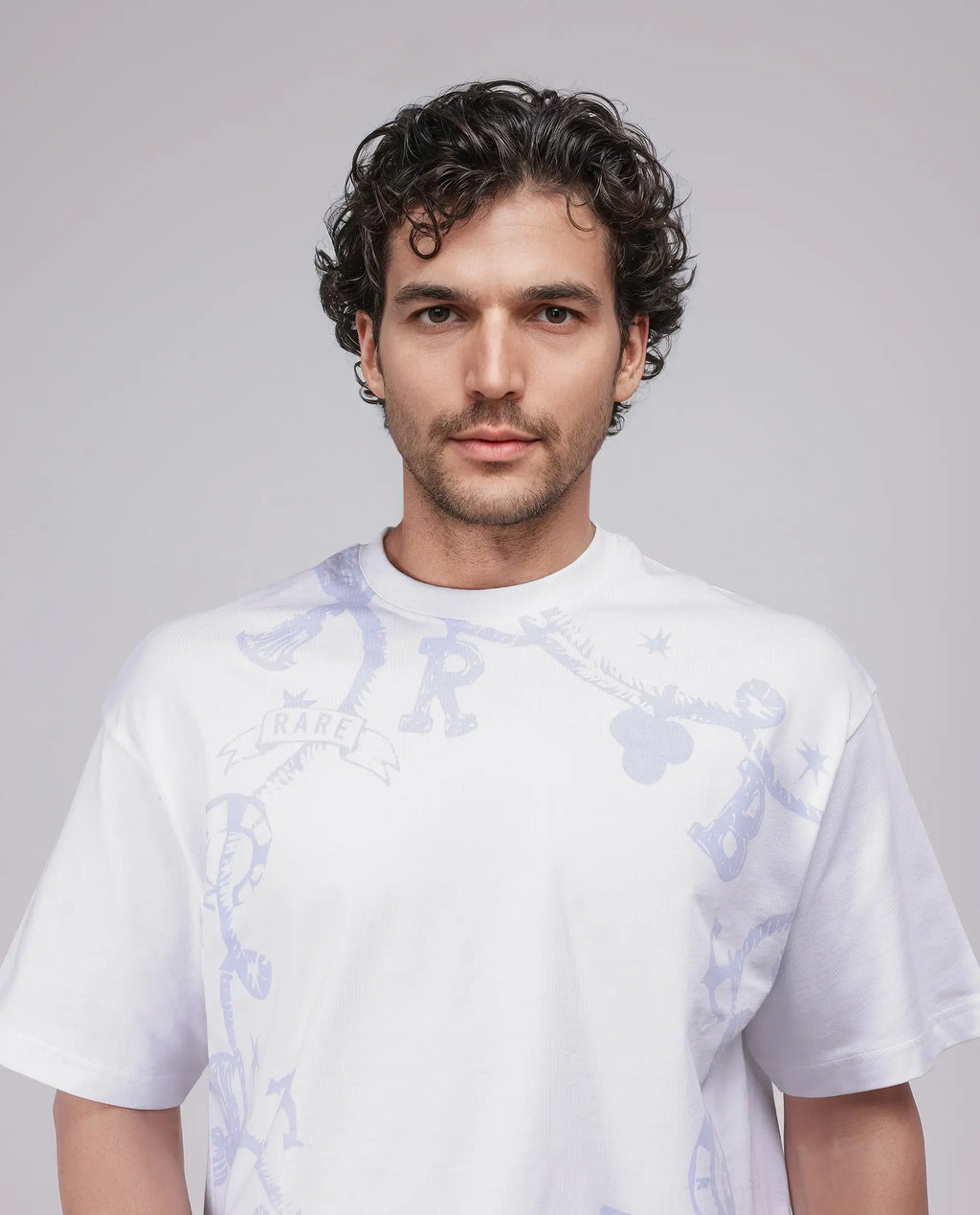 Rare Rabbit Men's Xab White Cotton Graphic Print Oversized Fit Half Sleeve Crew Neck T-Shirt