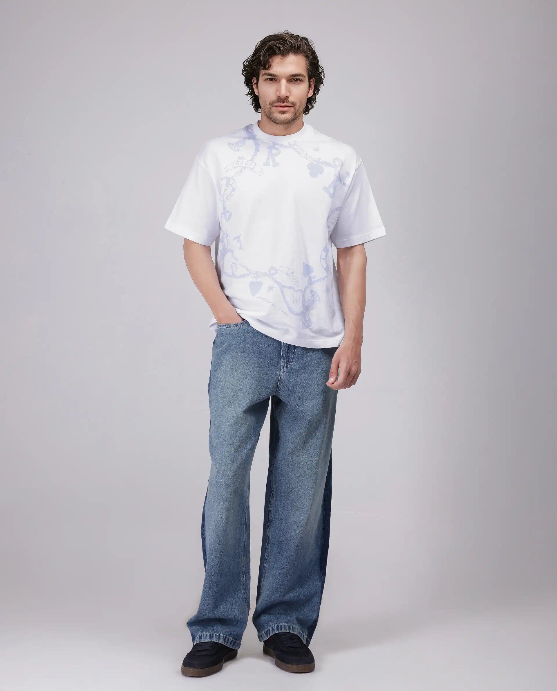 Rare Rabbit Men's Xab White Cotton Graphic Print Oversized Fit Half Sleeve Crew Neck T-Shirt