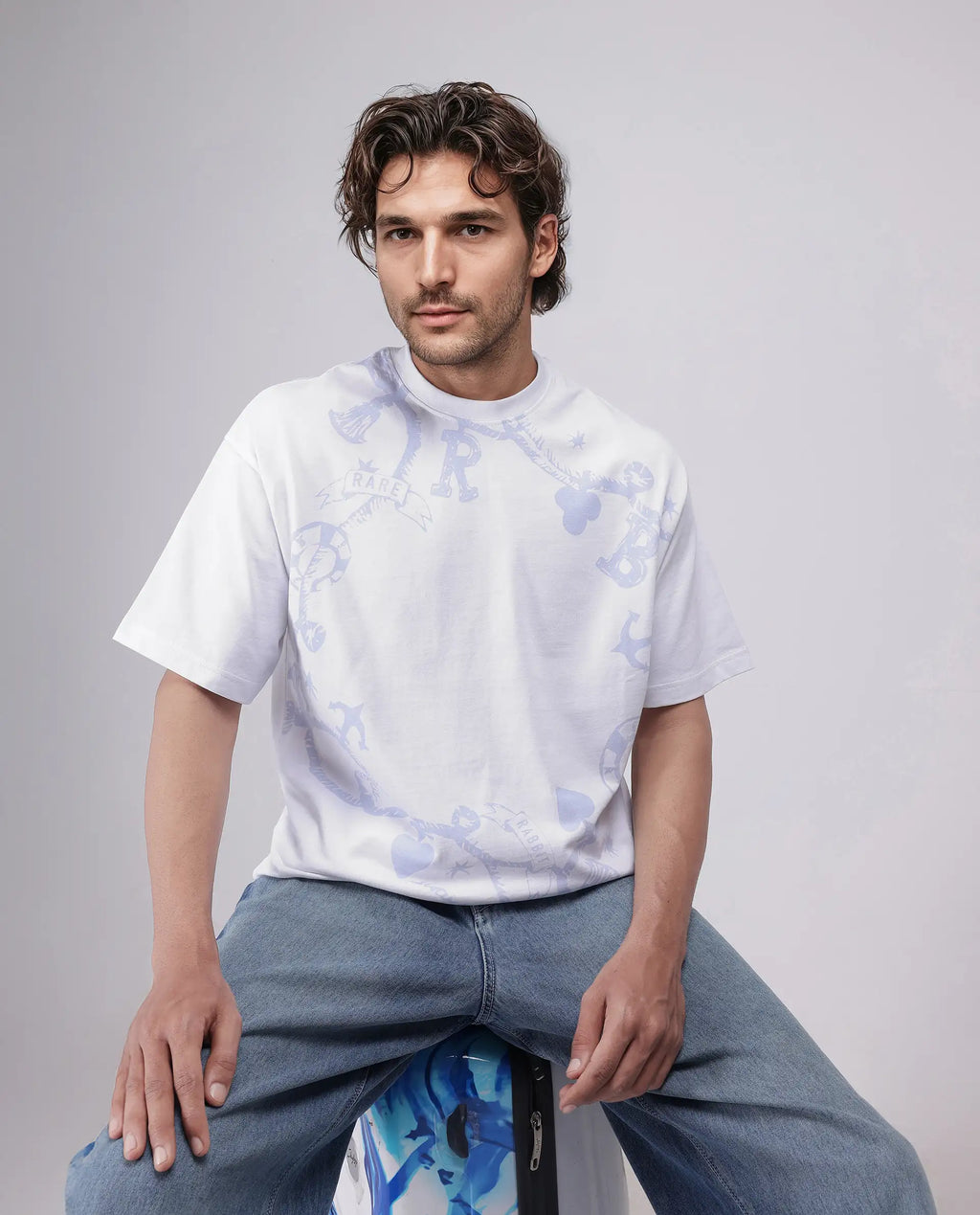 Rare Rabbit Men's Xab White Cotton Graphic Print Oversized Fit Half Sleeve Crew Neck T-Shirt