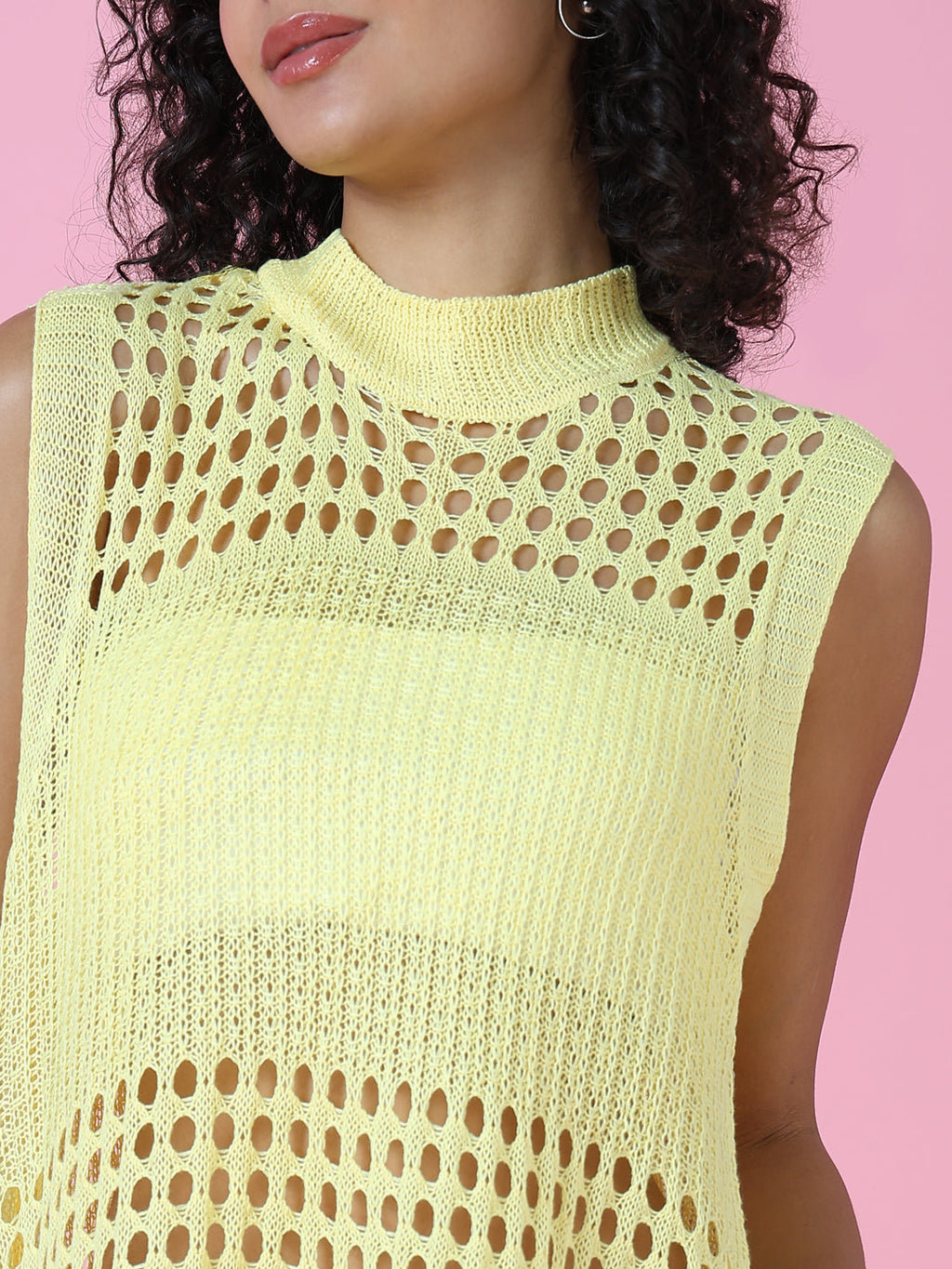 Women's Yellow Solid Crochet Longline Top