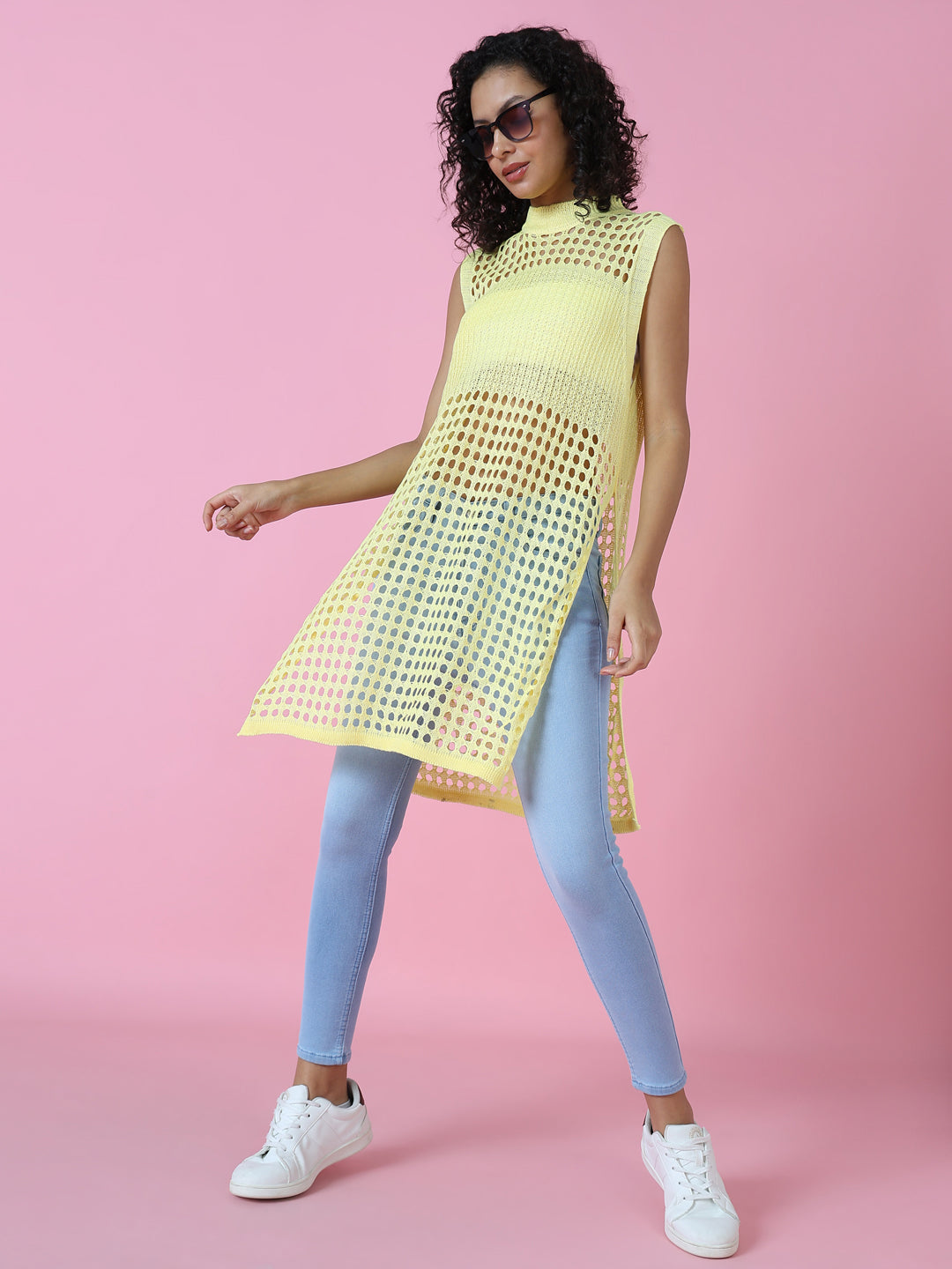 Women's Yellow Solid Crochet Longline Top