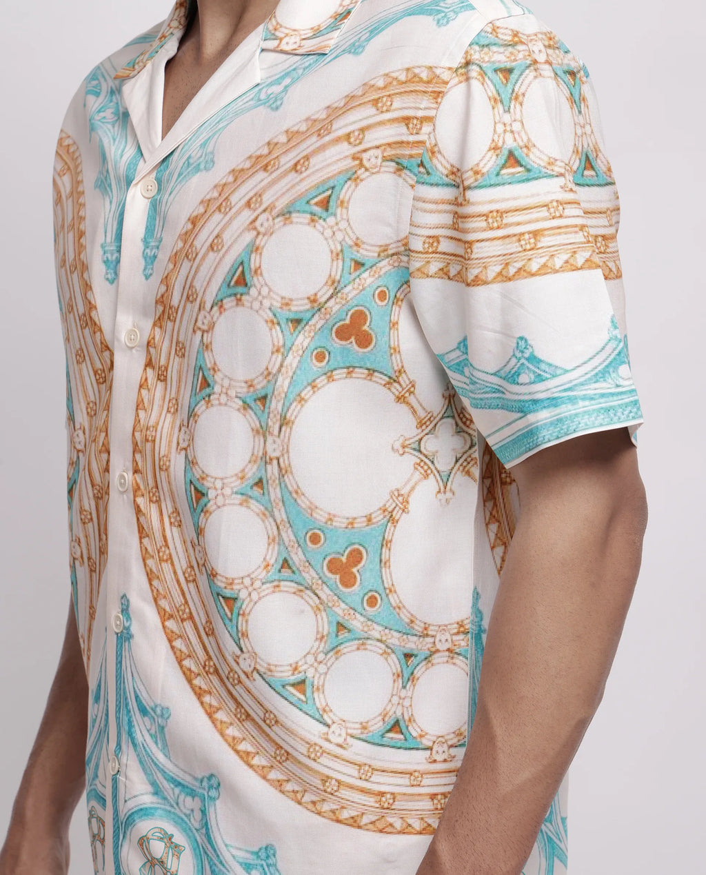 Rare Rabbit Men's Yokor Beige Viscose Placement Print Boxy Fit Half Sleeve Cuban Collar Shirt
