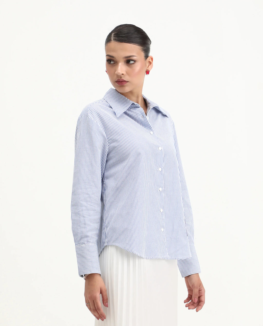 Rareism Women's Zamon Dark Blue Cotton Spread Collar Striped Cuffed Sleeve Regular Fit Shirt