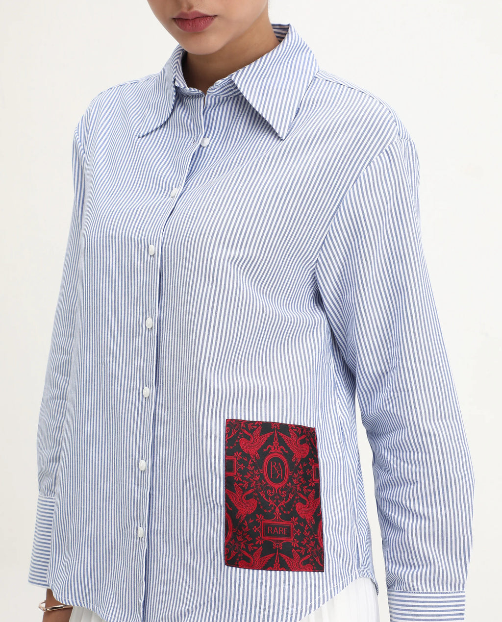 Rareism Women's Zamon Dark Blue Cotton Spread Collar Striped Cuffed Sleeve Regular Fit Shirt