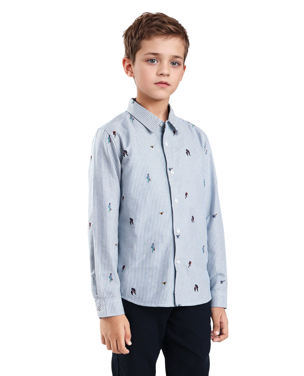 Rare Ones Kids Zeme Blue Cotton Button Closure Spread Collar Printed Full Sleeves Regular Fit Shirt