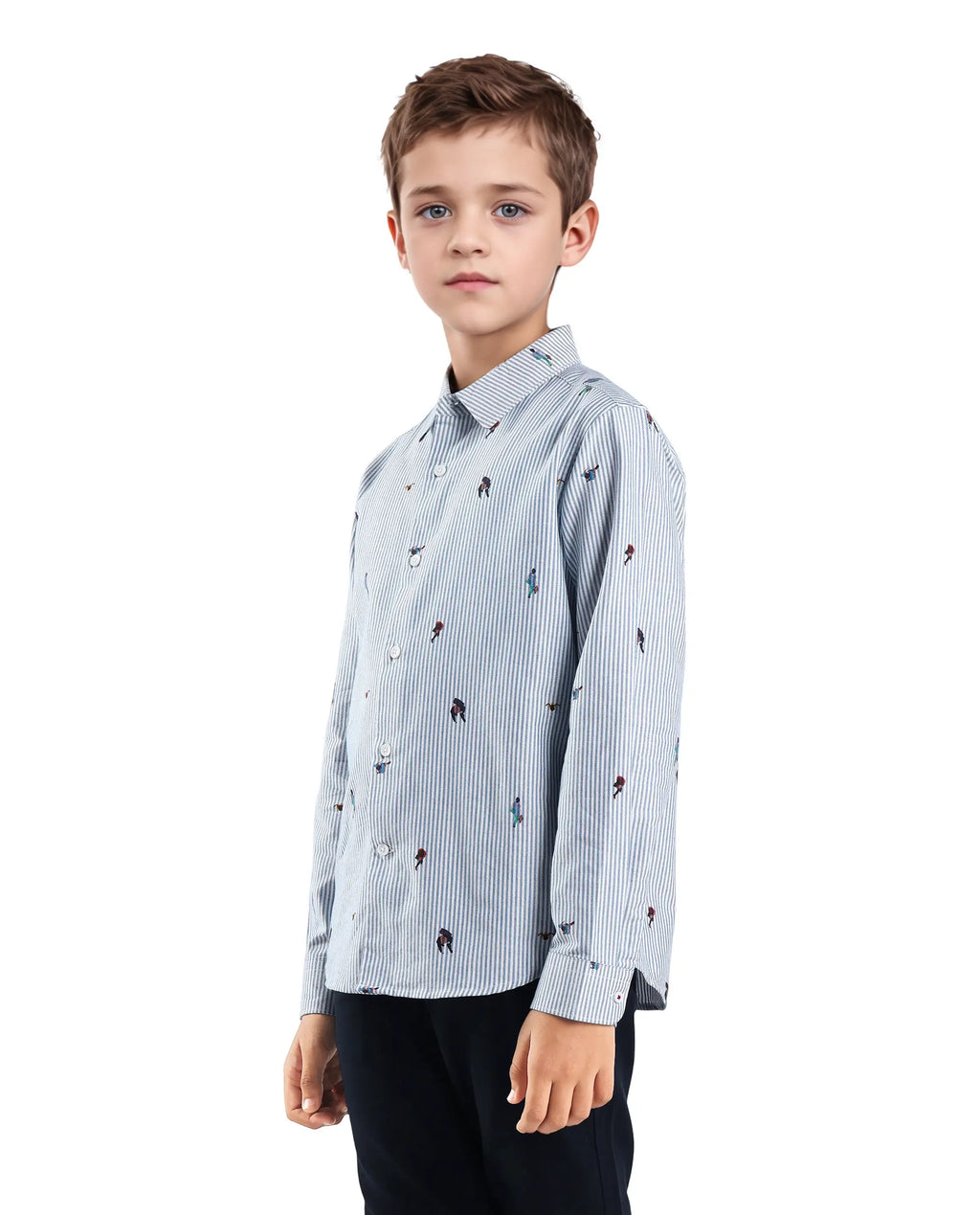 Rare Ones Kids Zeme Blue Cotton Button Closure Spread Collar Printed Full Sleeves Regular Fit Shirt