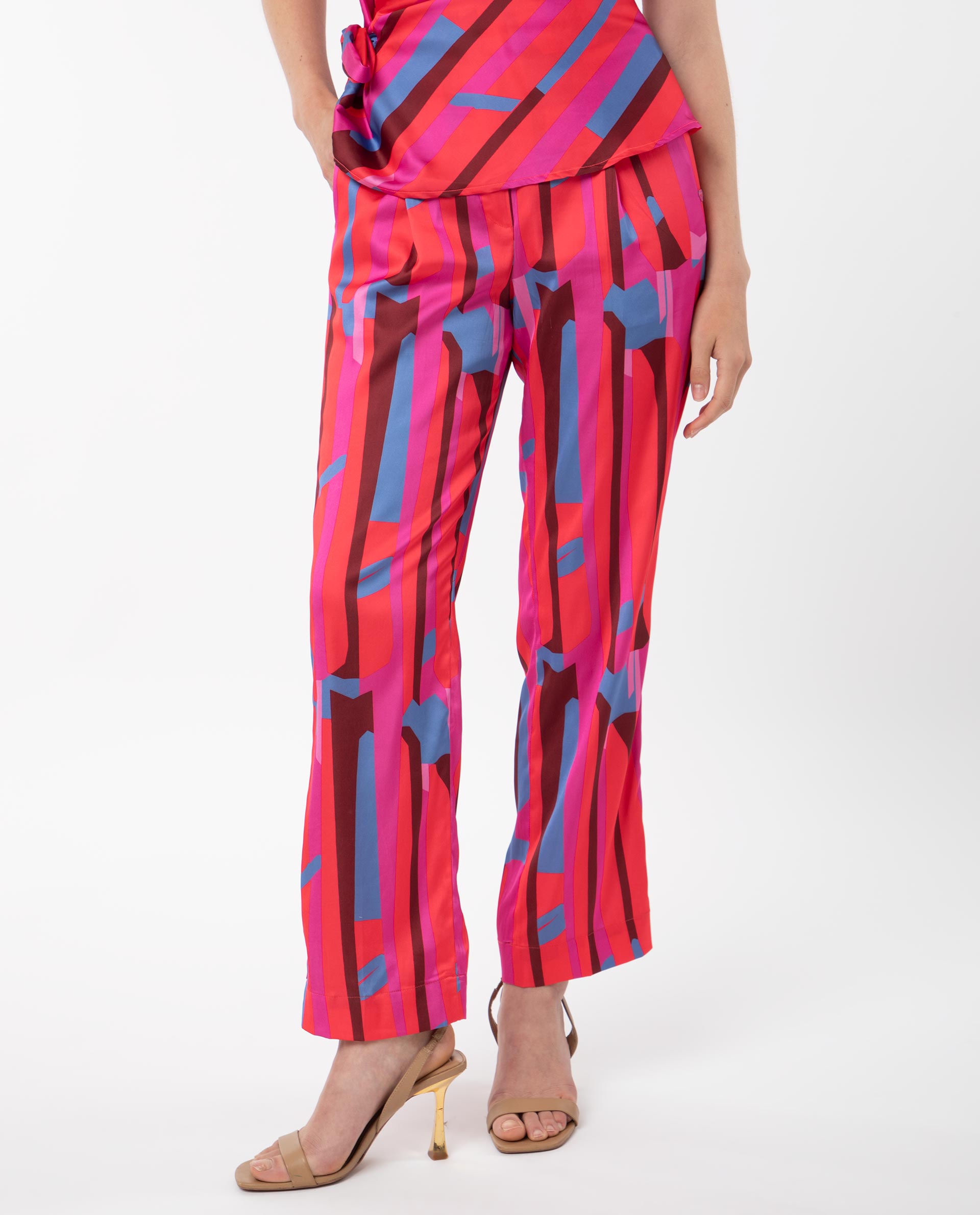 Rareism Women's Zersa Pink Polyester Abstract Print Ankle Length Relaxed Fit Trouser
