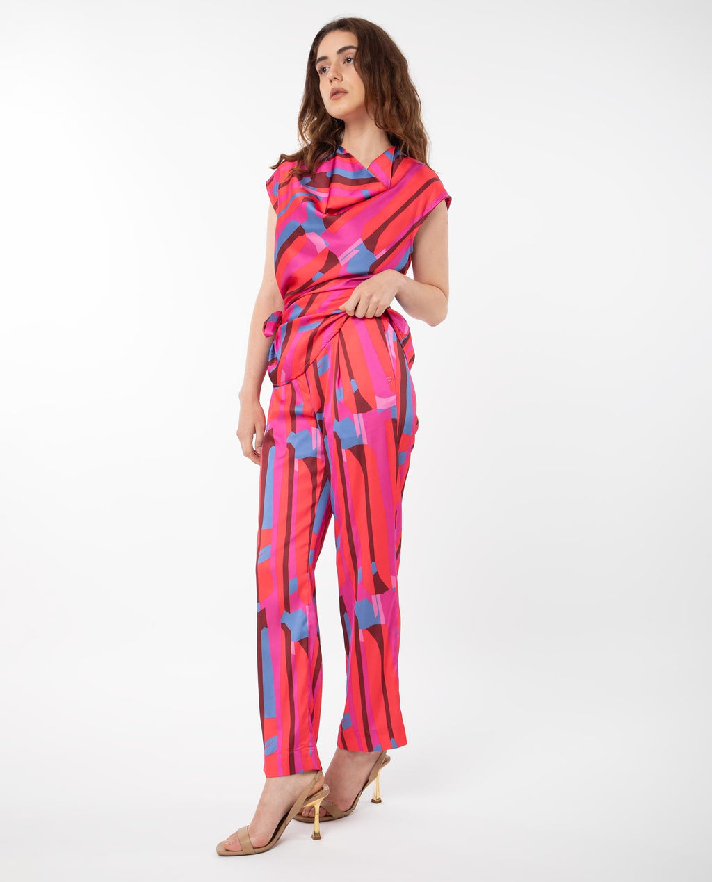 Rareism Women's Zersa Pink Polyester Abstract Print Ankle Length Relaxed Fit Trouser