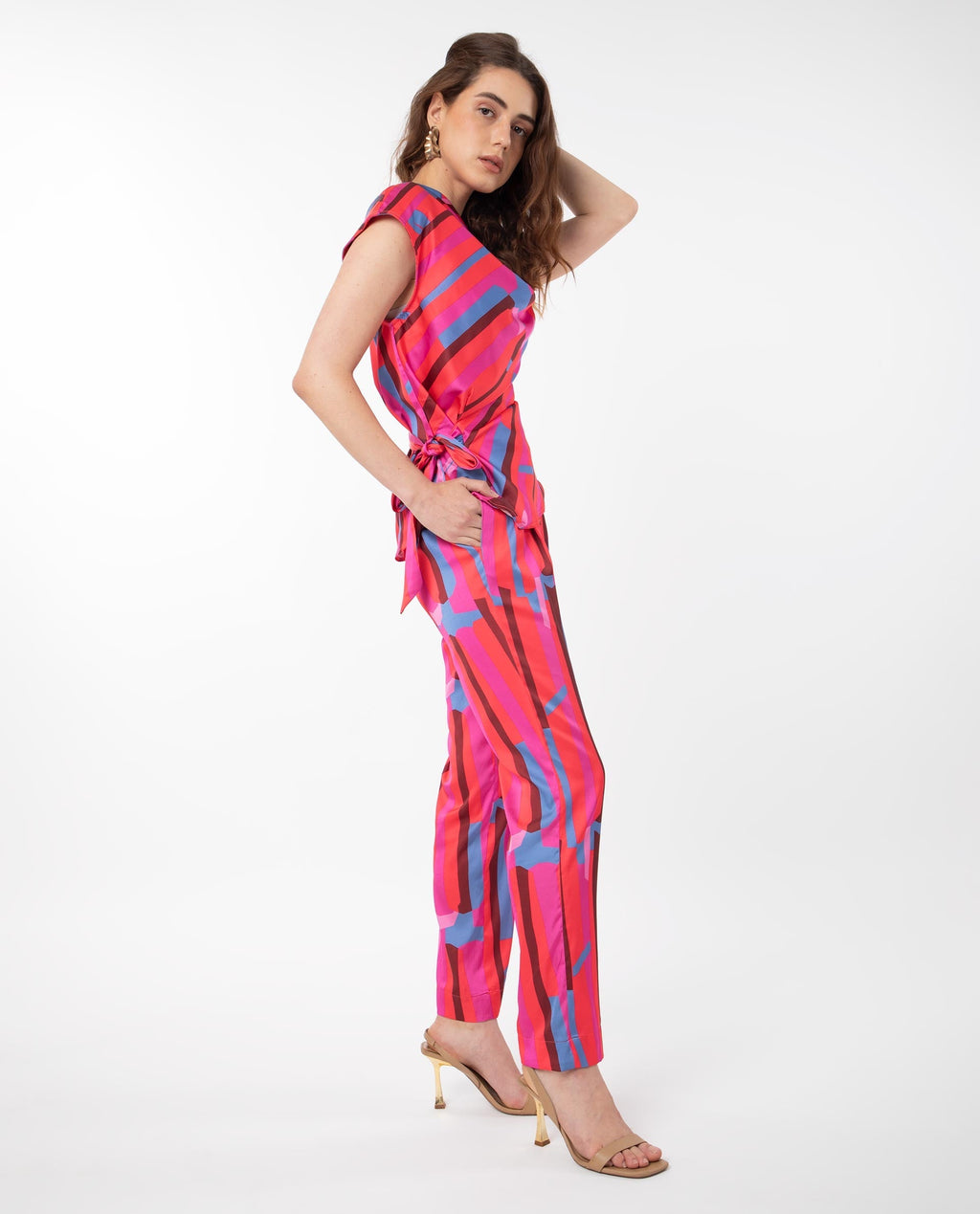 Rareism Women's Zersa Pink Polyester Abstract Print Ankle Length Relaxed Fit Trouser