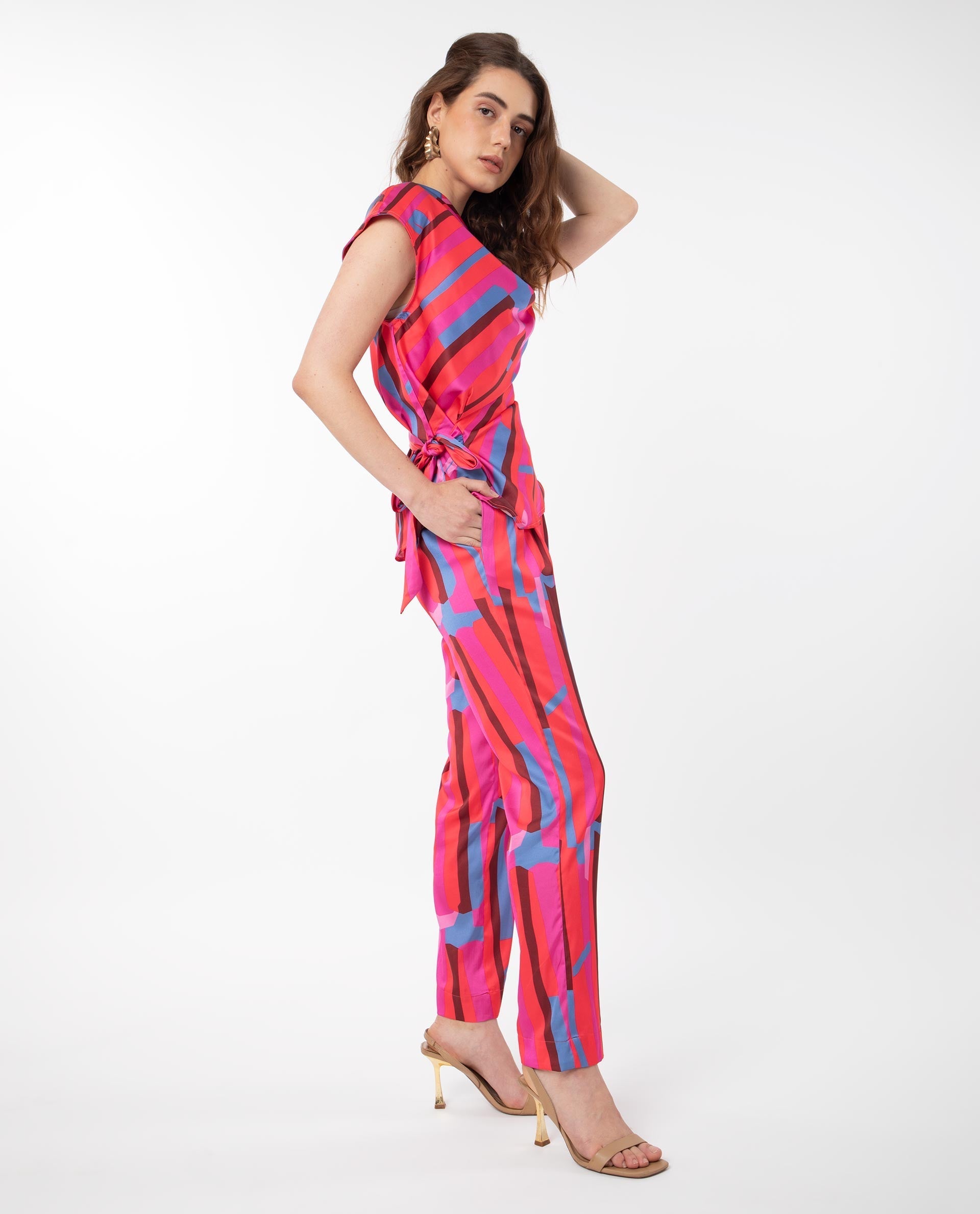 Rareism Women's Zersa Pink Polyester Abstract Print Ankle Length Relaxed Fit Trouser