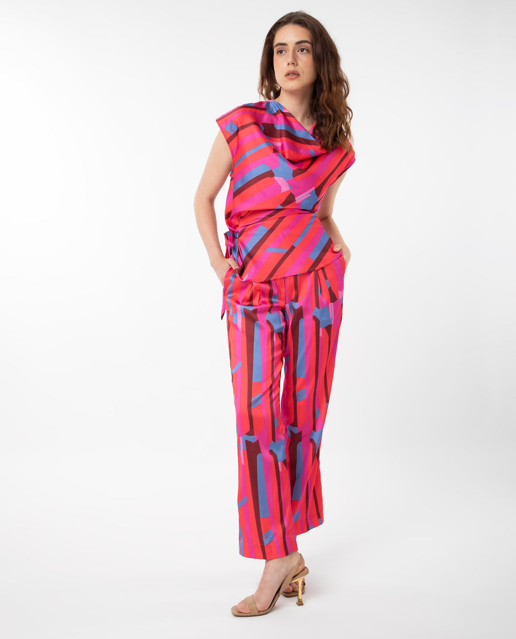 Rareism Women's Zersa Pink Polyester Abstract Print Ankle Length Relaxed Fit Trouser