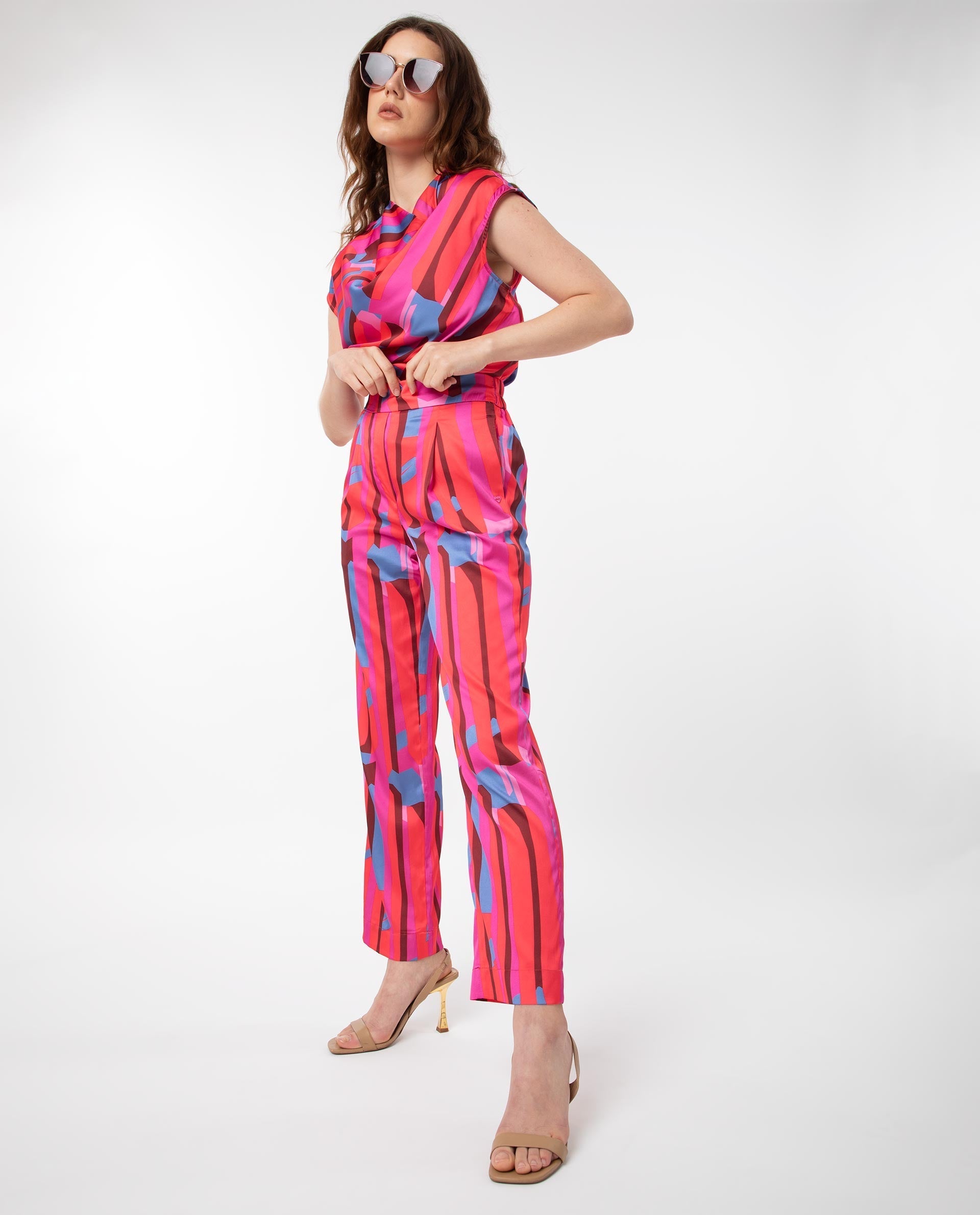 Rareism Women's Zersa Pink Polyester Abstract Print Ankle Length Relaxed Fit Trouser