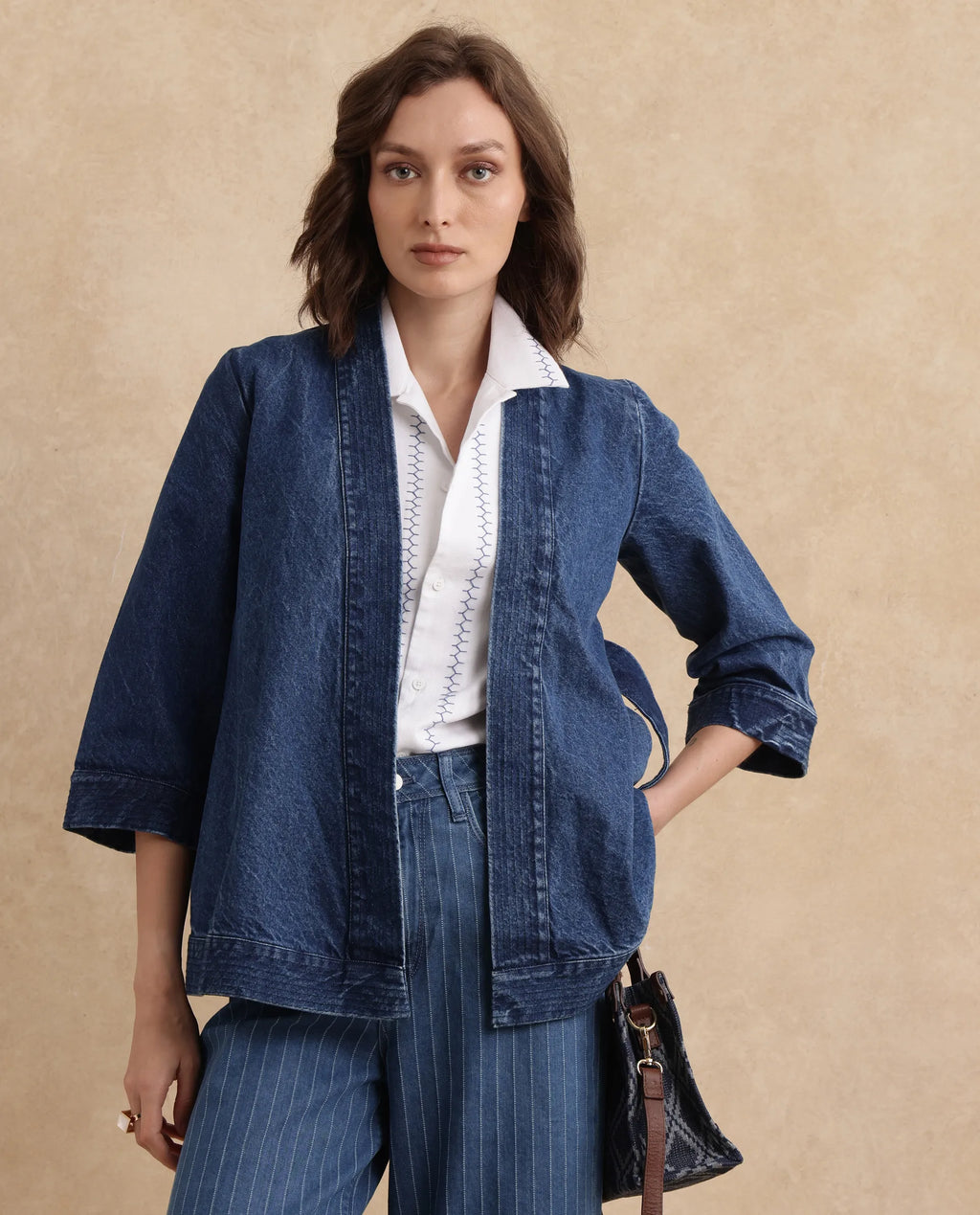 Rareism Women's Zezo Blue Cotton Wrap Neck Plain Regular Fit Jacket