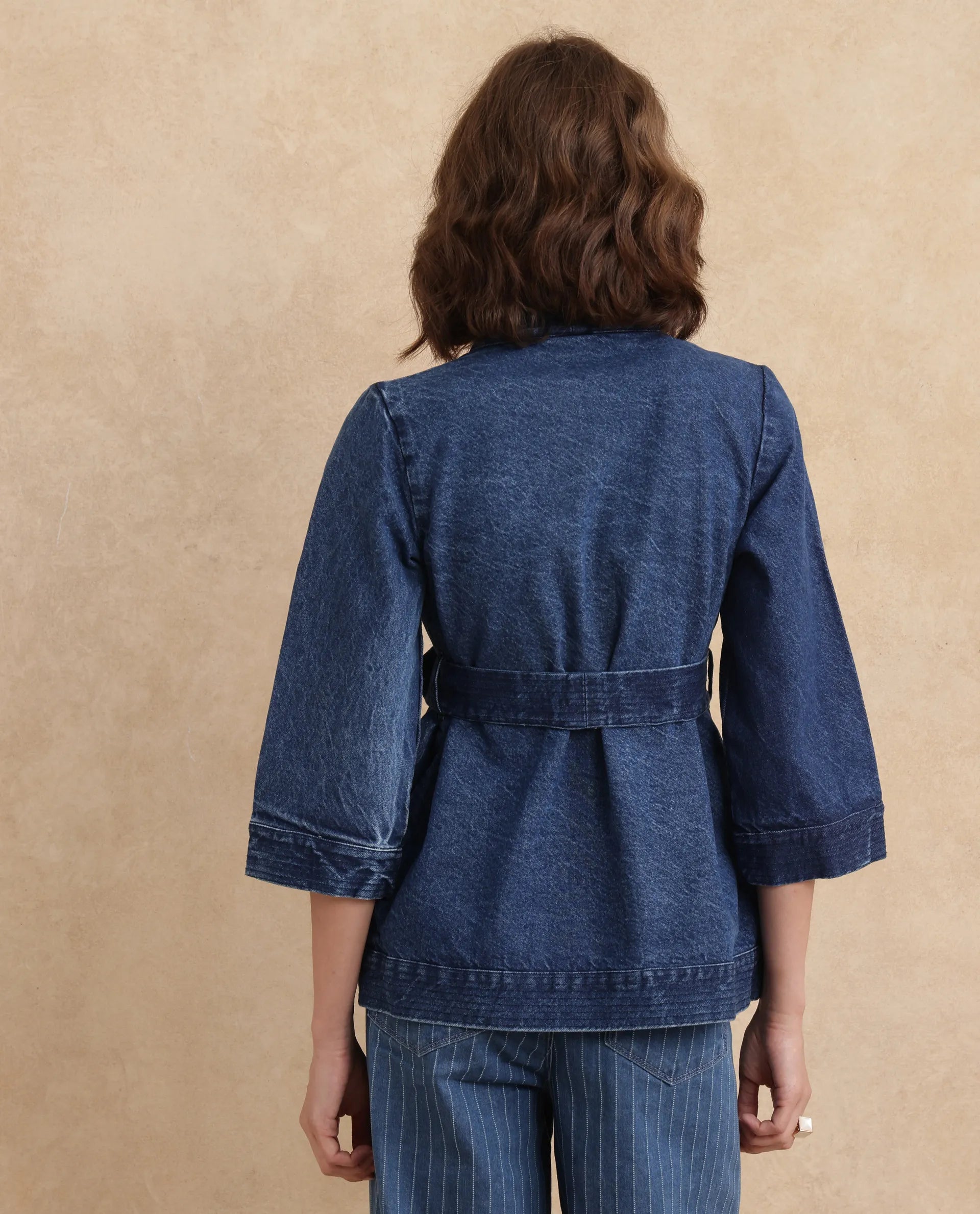 Rareism Women's Zezo Blue Cotton Wrap Neck Plain Regular Fit Jacket