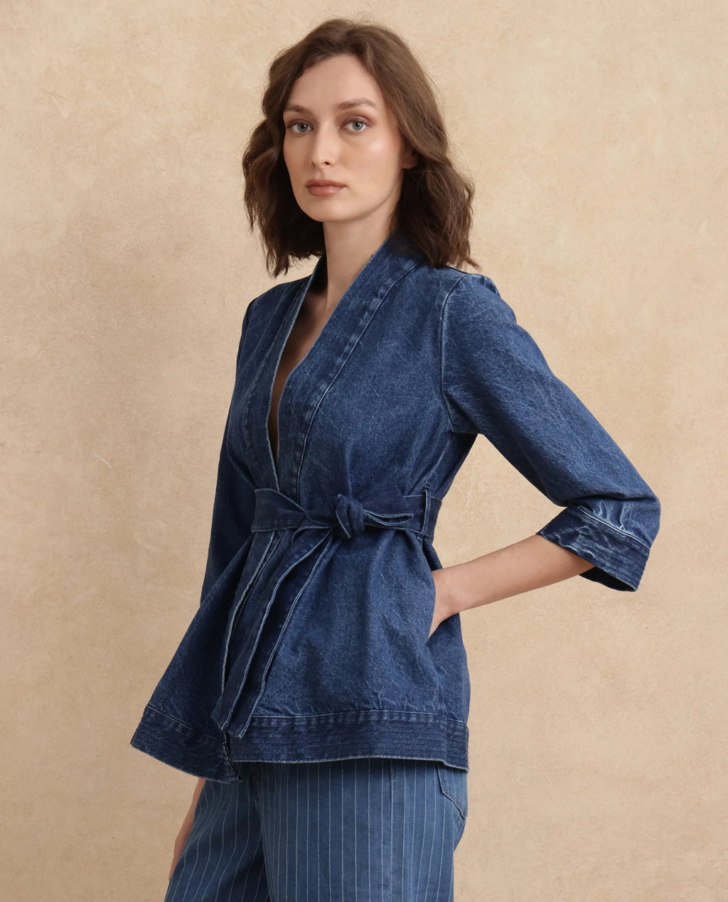 Rareism Women's Zezo Blue Cotton Wrap Neck Plain Regular Fit Jacket