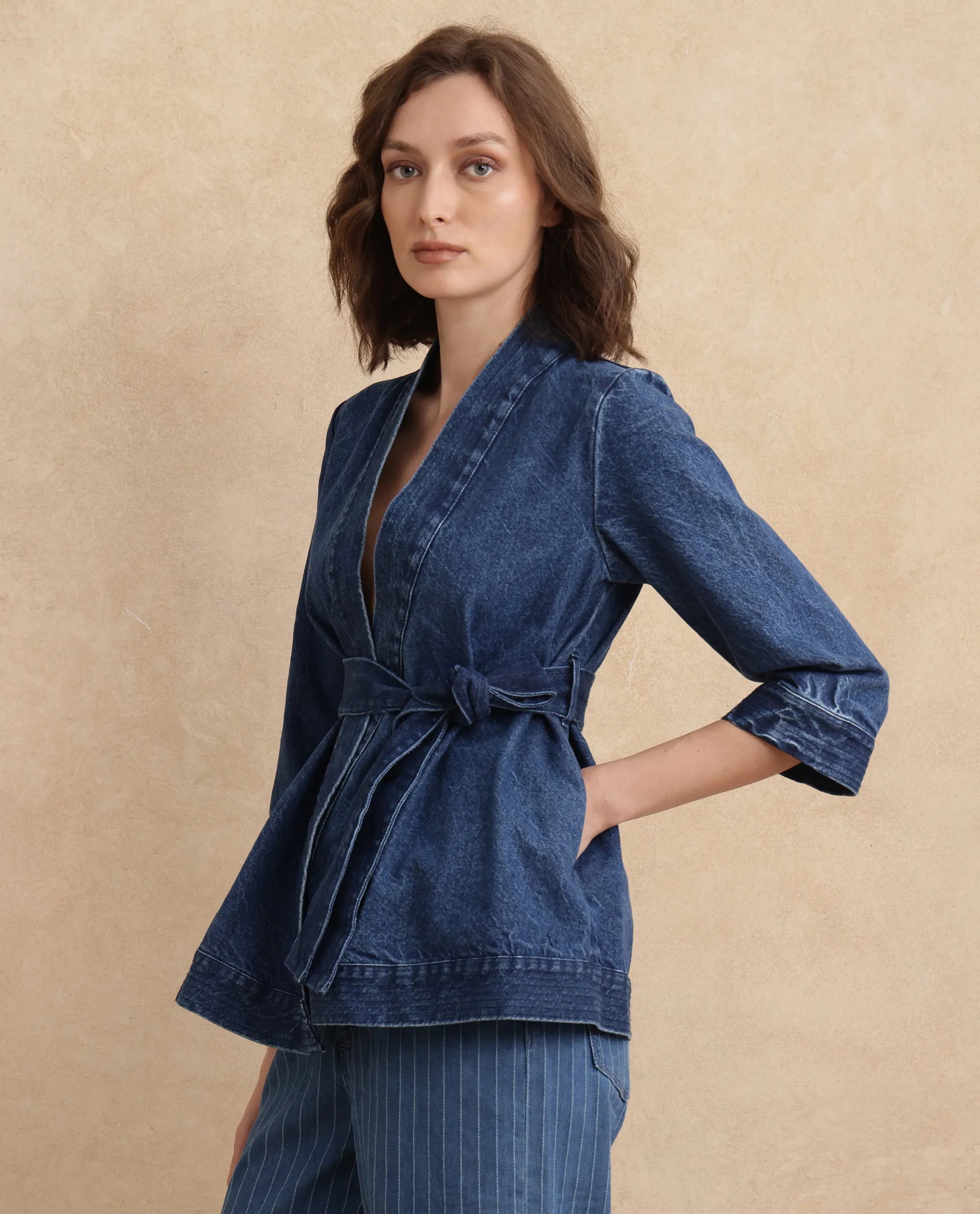 Rareism Women's Zezo Blue Cotton Wrap Neck Plain Regular Fit Jacket
