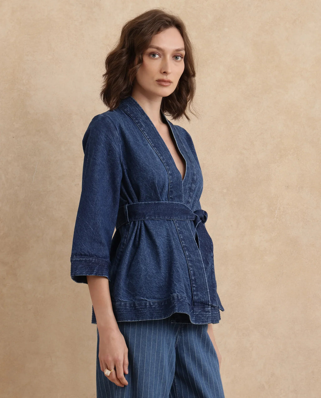 Rareism Women's Zezo Blue Cotton Wrap Neck Plain Regular Fit Jacket