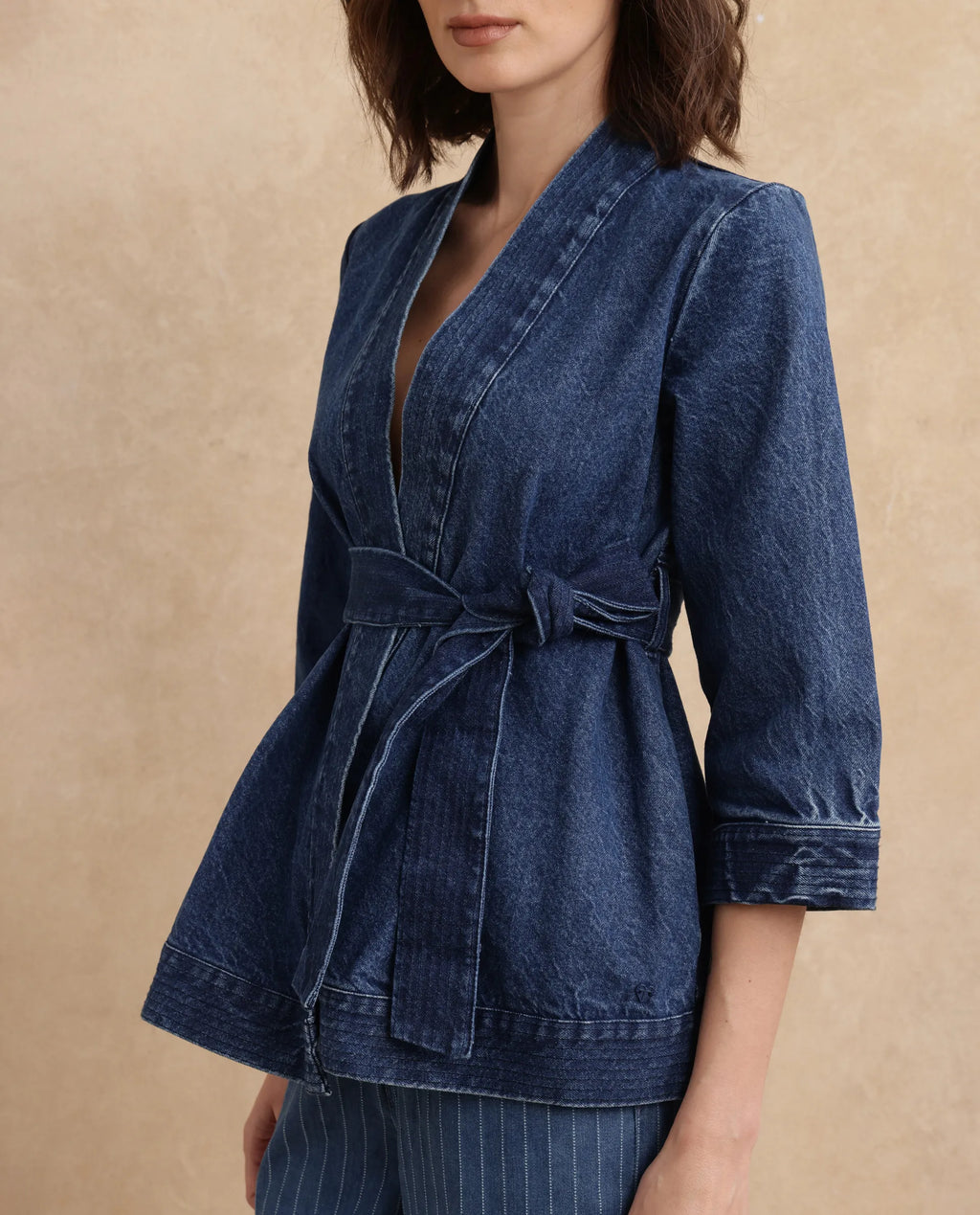 Rareism Women's Zezo Blue Cotton Wrap Neck Plain Regular Fit Jacket
