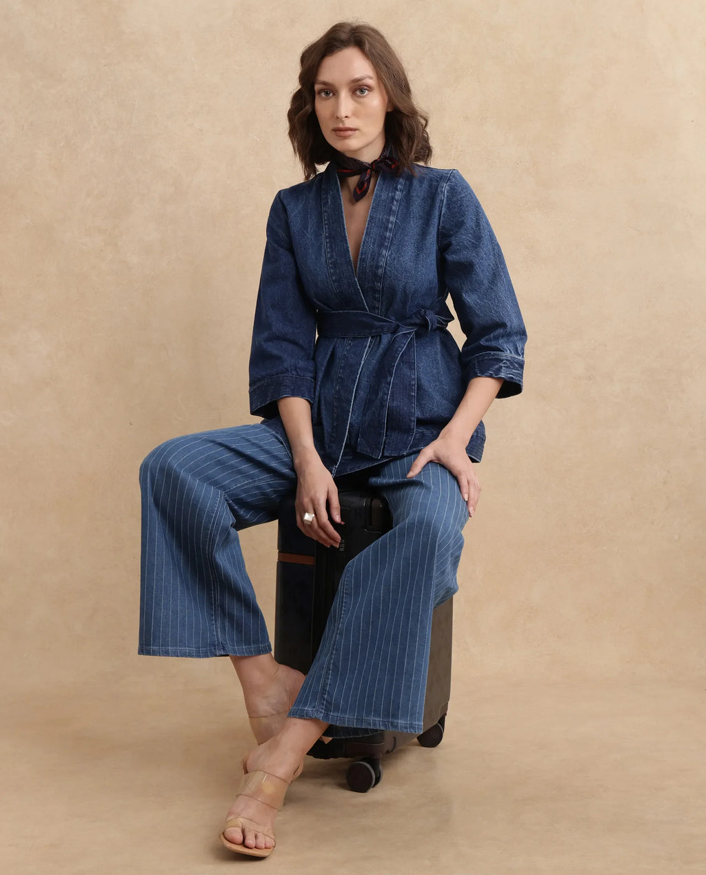 Rareism Women's Zezo Blue Cotton Wrap Neck Plain Regular Fit Jacket