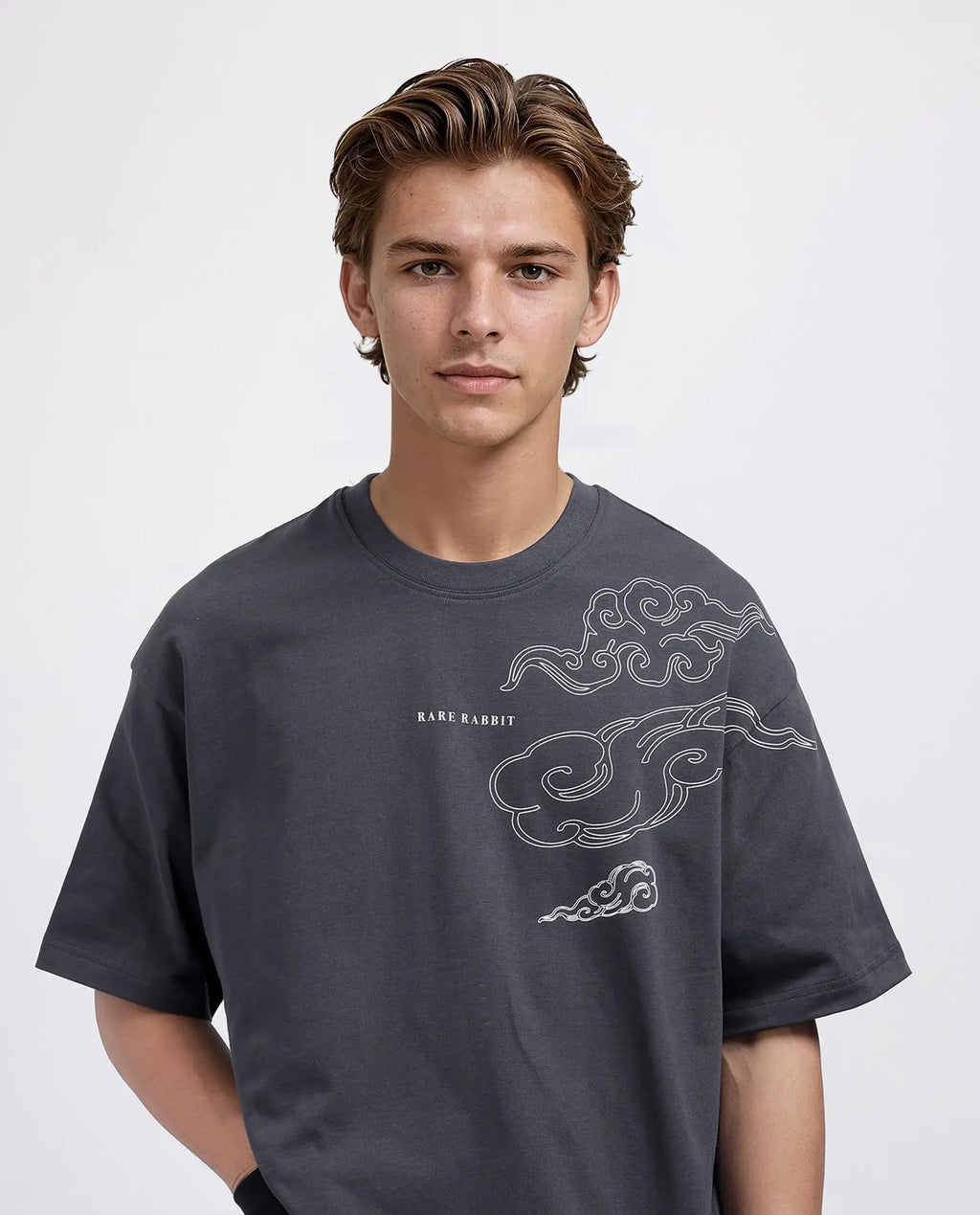 Rare Rabbit Men's Zig Dark Grey Cotton Graphic Print Oversized Fit Half Sleeve Crew Neck T-Shirt