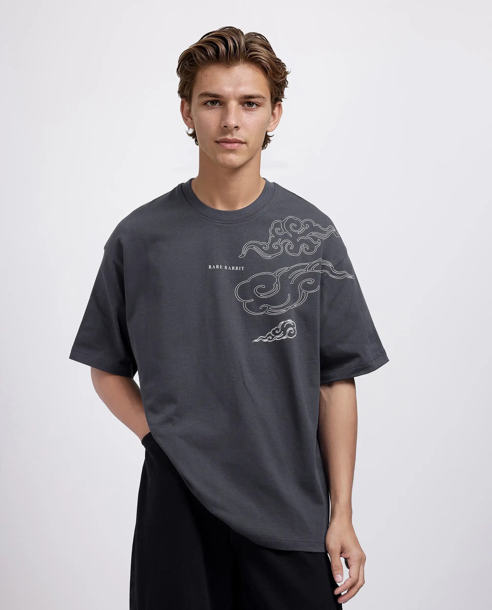 Rare Rabbit Men's Zig Dark Grey Cotton Graphic Print Oversized Fit Half Sleeve Crew Neck T-Shirt