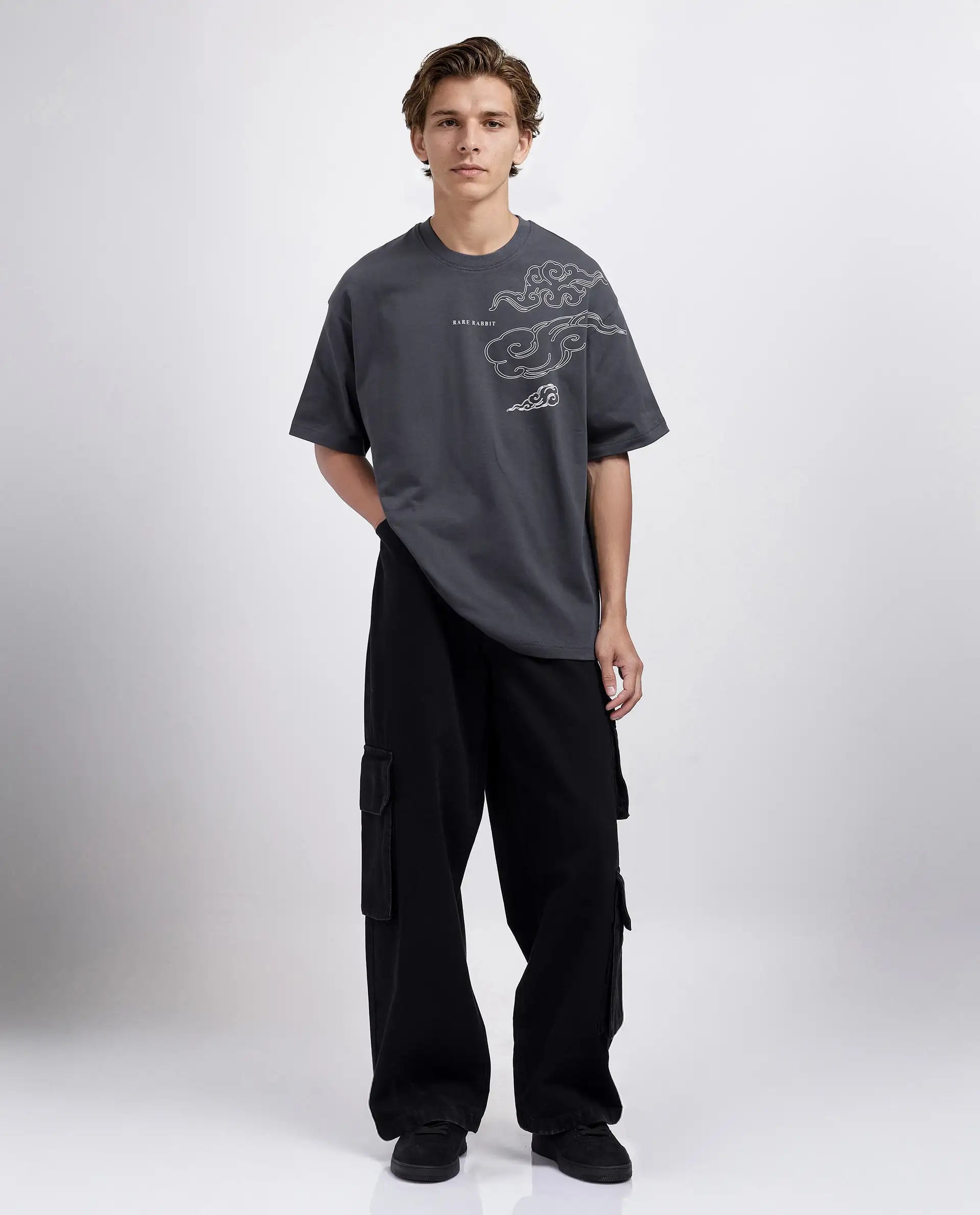 Rare Rabbit Men's Zig Dark Grey Cotton Graphic Print Oversized Fit Half Sleeve Crew Neck T-Shirt