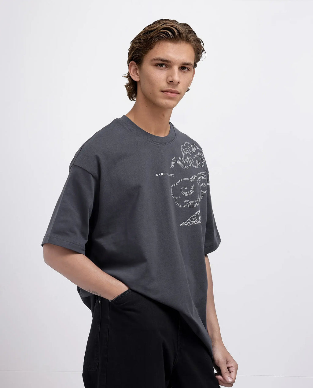 Rare Rabbit Men's Zig Dark Grey Cotton Graphic Print Oversized Fit Half Sleeve Crew Neck T-Shirt