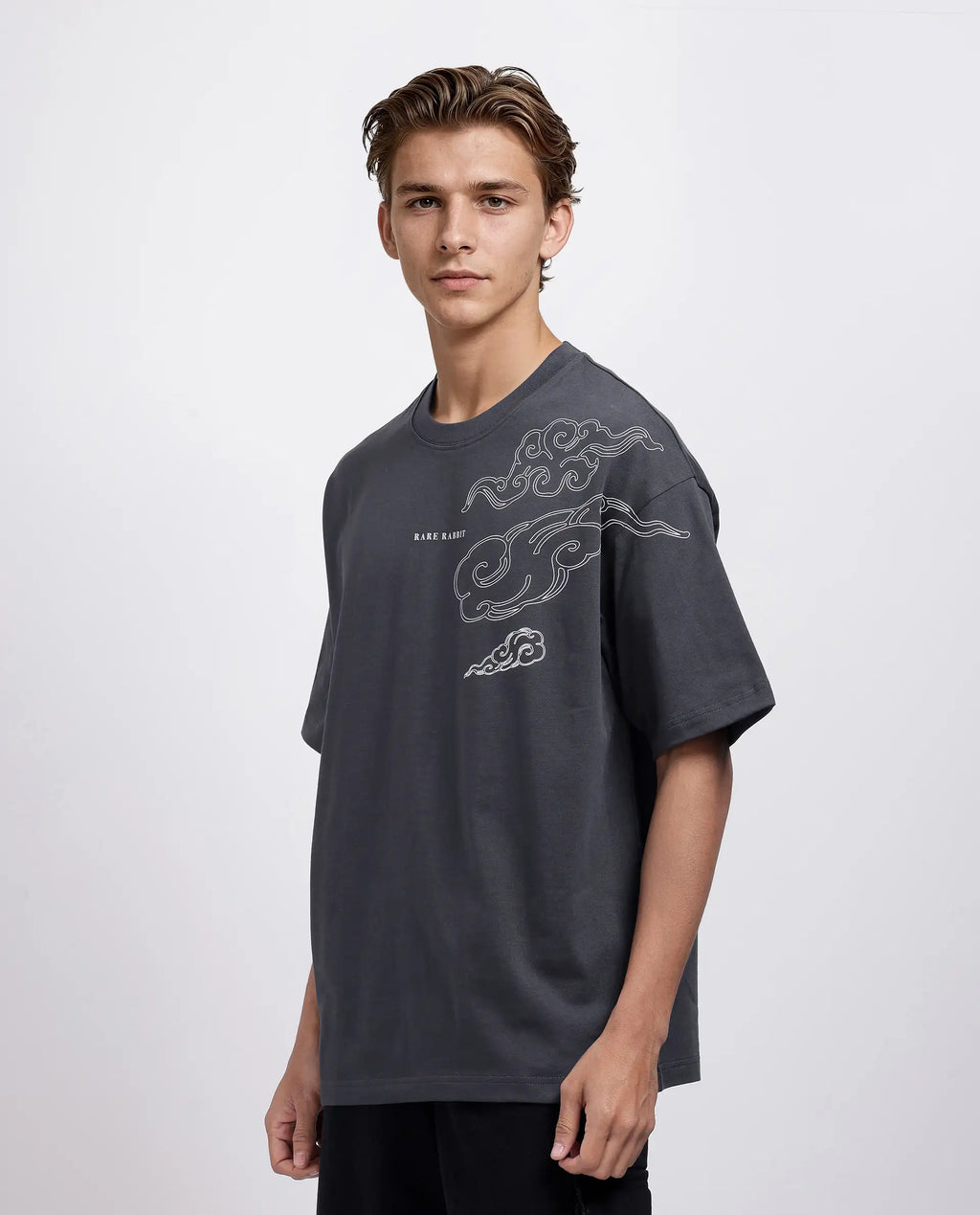 Rare Rabbit Men's Zig Dark Grey Cotton Graphic Print Oversized Fit Half Sleeve Crew Neck T-Shirt
