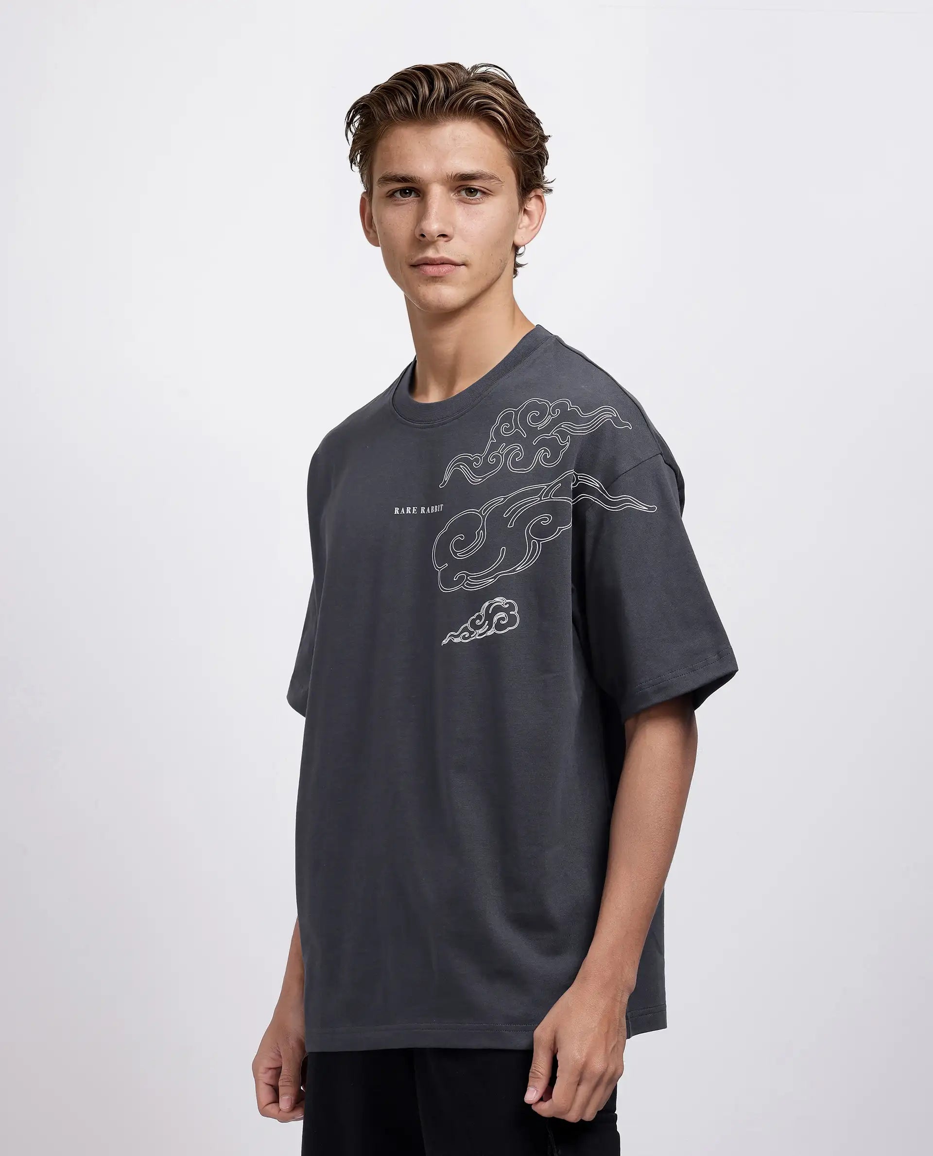 Rare Rabbit Men's Zig Dark Grey Cotton Graphic Print Oversized Fit Half Sleeve Crew Neck T-Shirt