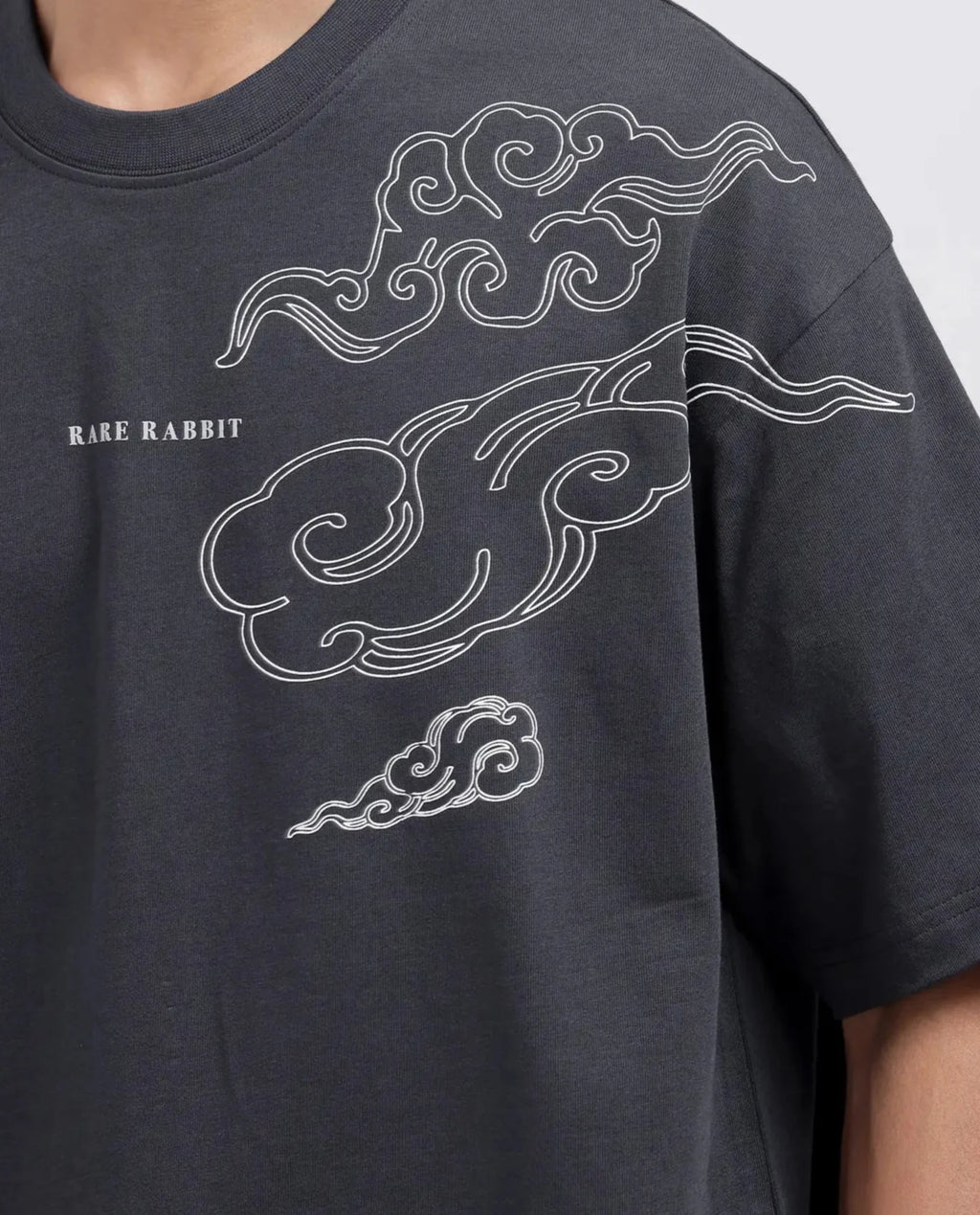 Rare Rabbit Men's Zig Dark Grey Cotton Graphic Print Oversized Fit Half Sleeve Crew Neck T-Shirt