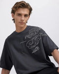 Rare Rabbit Men's Zig Dark Grey Cotton Graphic Print Oversized Fit Half Sleeve Crew Neck T-Shirt