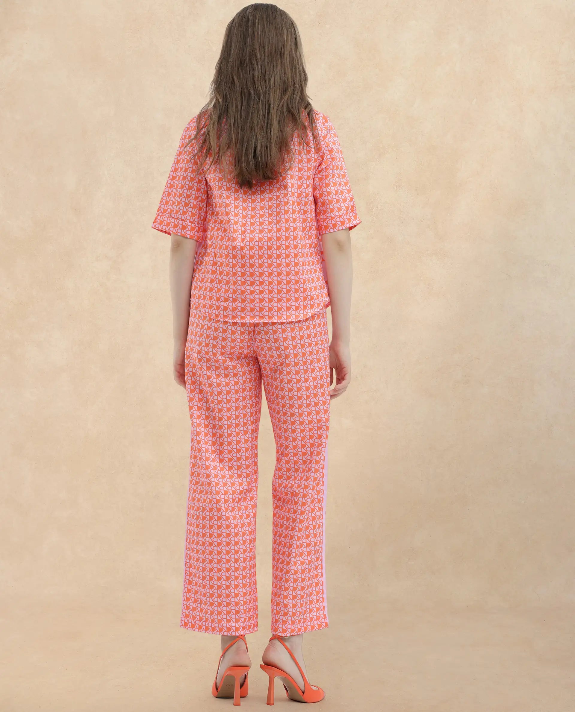 Rareism Women's Zyon-B Pink Cotton Monogram Print Ankle Length Straight Fit Trouser