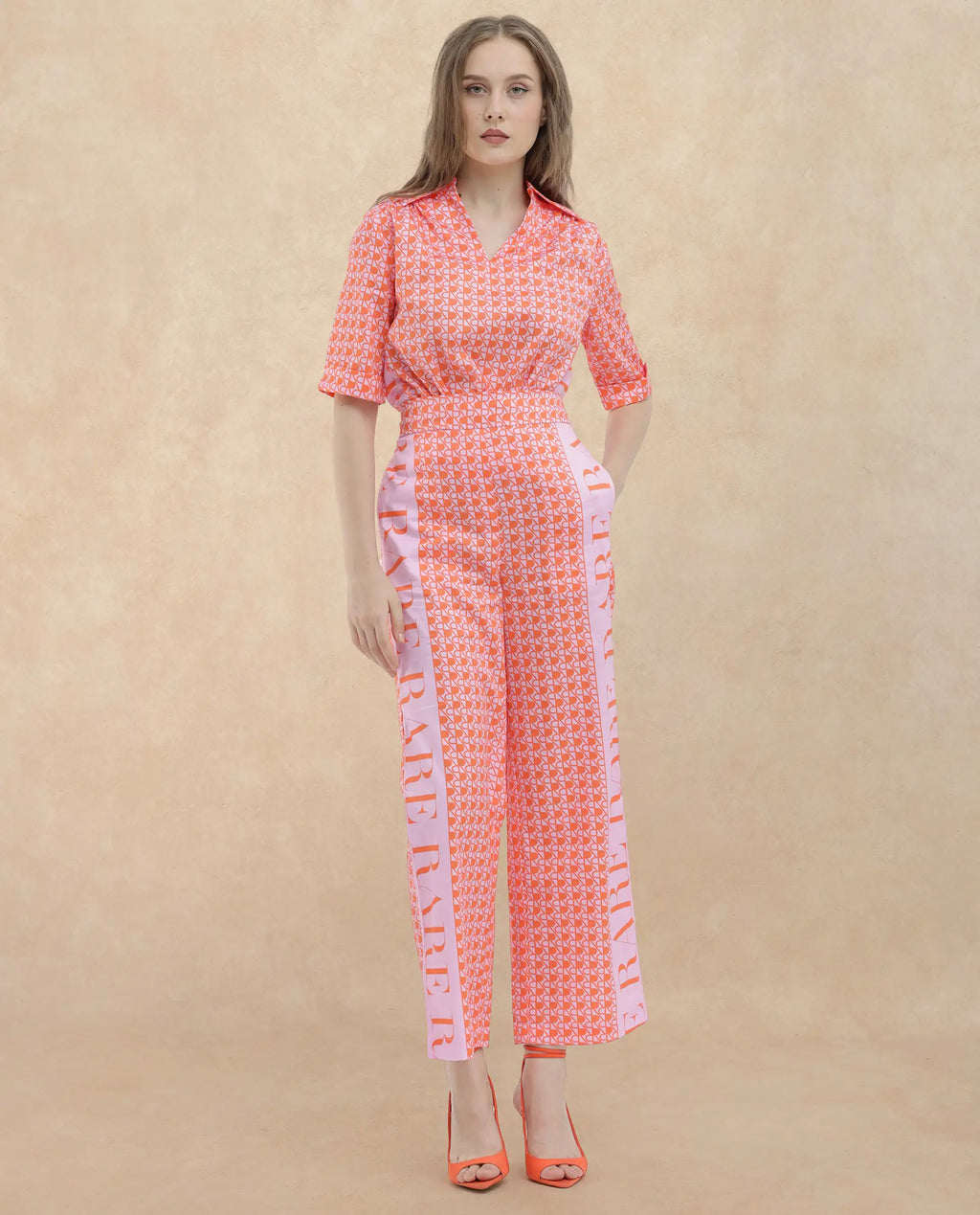 Rareism Women's Zyon-B Pink Cotton Monogram Print Ankle Length Straight Fit Trouser