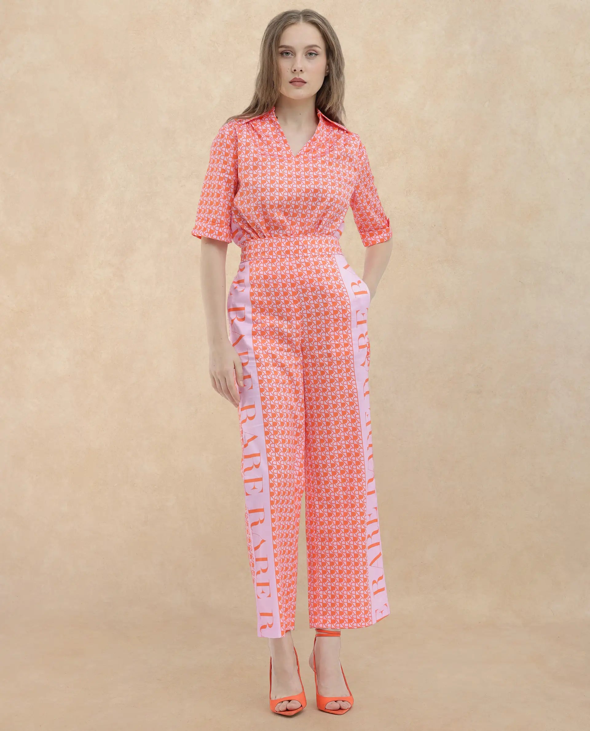 Rareism Women's Zyon-B Pink Cotton Monogram Print Ankle Length Straight Fit Trouser