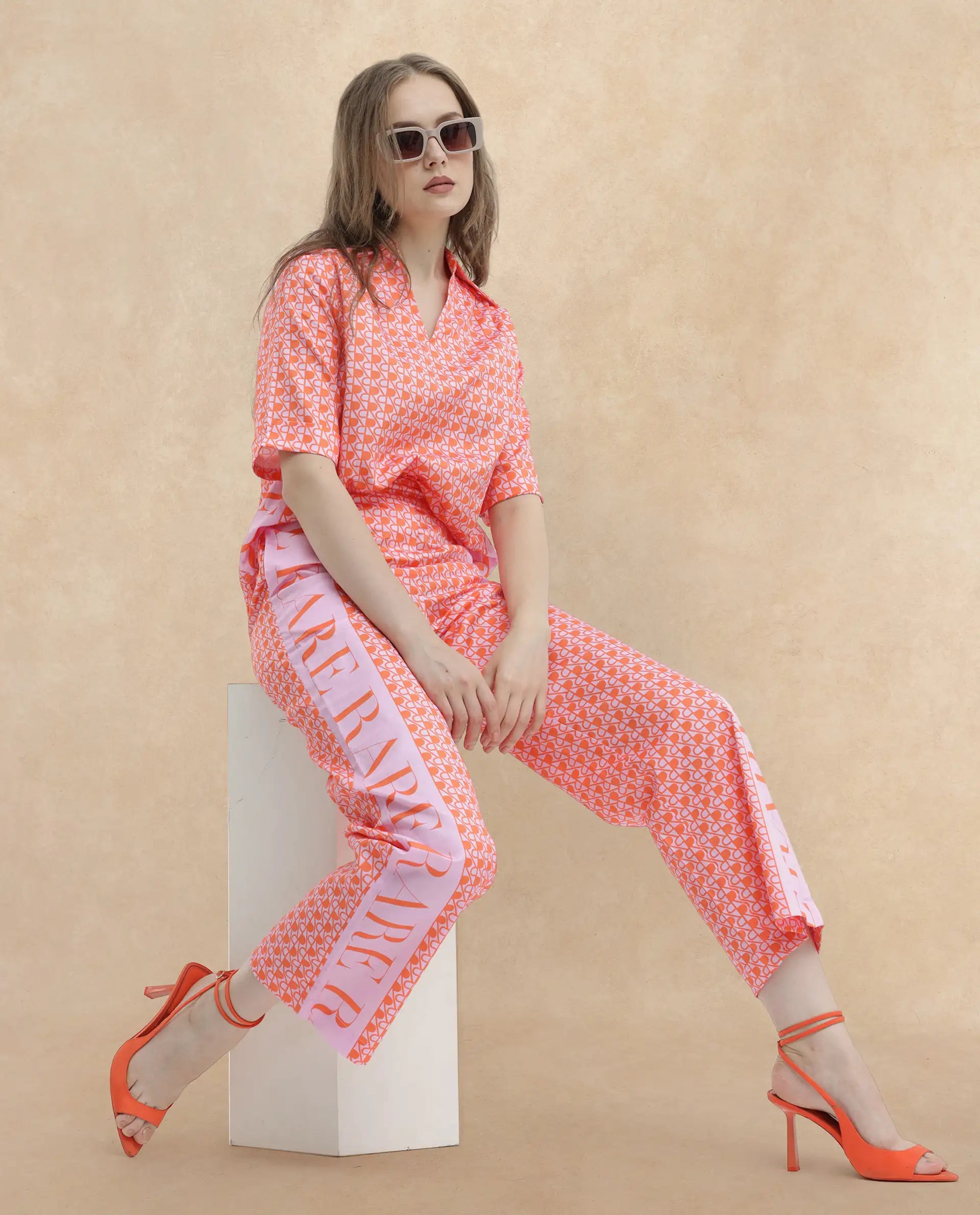 Rareism Women's Zyon-B Pink Cotton Monogram Print Ankle Length Straight Fit Trouser