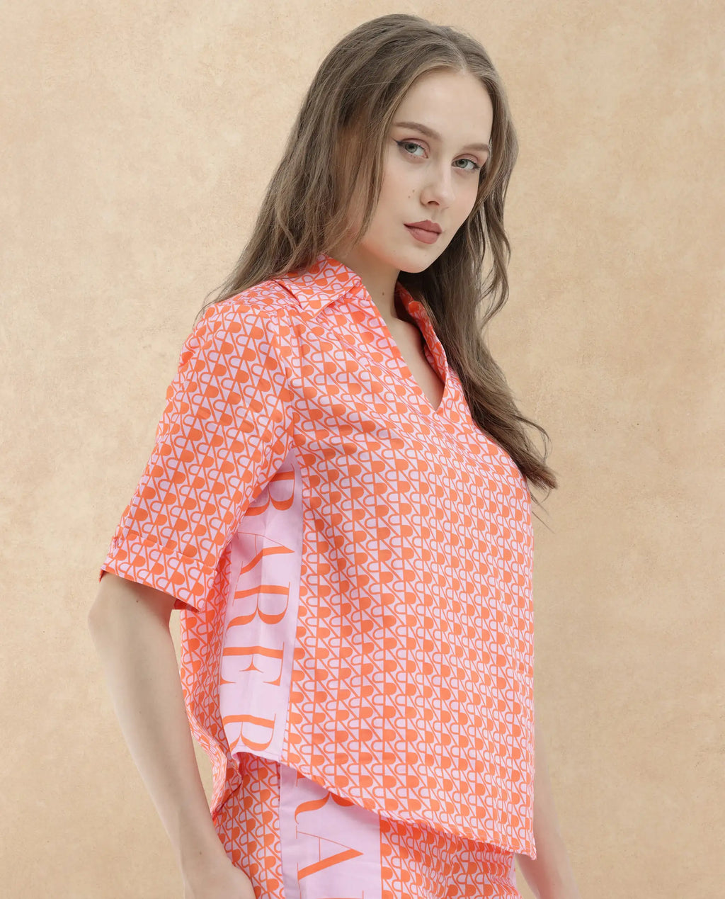 Rareism Women's Zyon-T Pink Cotton Johnny Collar Monogram Print Regular Fit Top