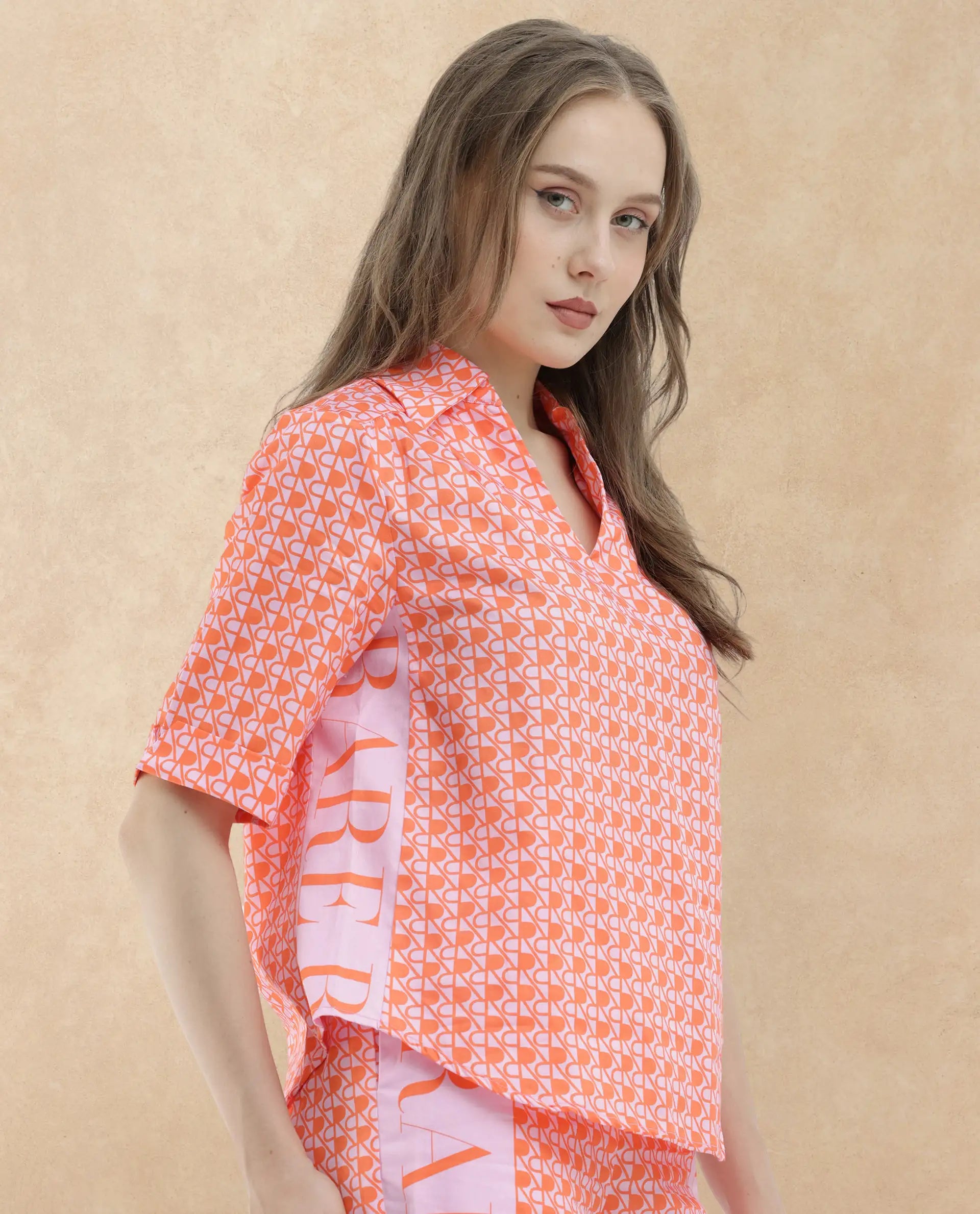 Rareism Women's Zyon-T Pink Cotton Johnny Collar Monogram Print Regular Fit Top
