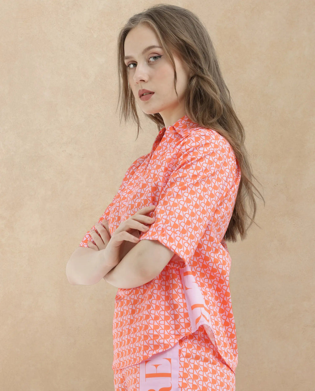 Rareism Women's Zyon-T Pink Cotton Johnny Collar Monogram Print Regular Fit Top