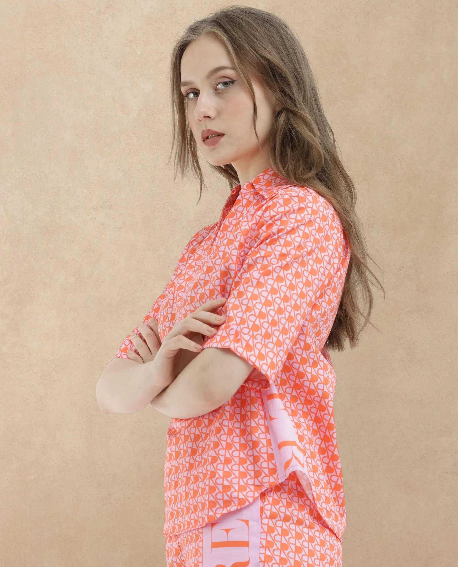 Rareism Women's Zyon-T Pink Cotton Johnny Collar Monogram Print Regular Fit Top