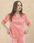 Rareism Women's Zyon-T Pink Cotton Johnny Collar Monogram Print Regular Fit Top