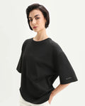 Rareism Women's Afsko T Black Cotton Blend Crew Neck Plain Relaxed Fit T-Shirt