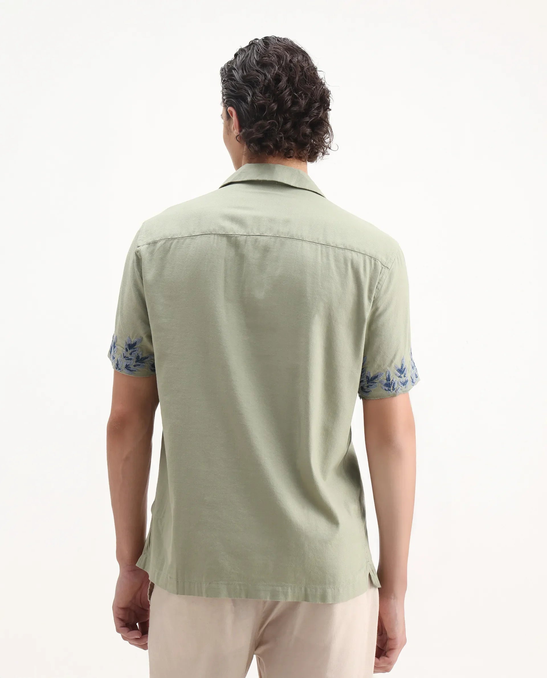 Rare Rabbit Men's Aria Olive Viscose Embroidered Boxy Fit Half Sleeve Cuban Collar Shirt