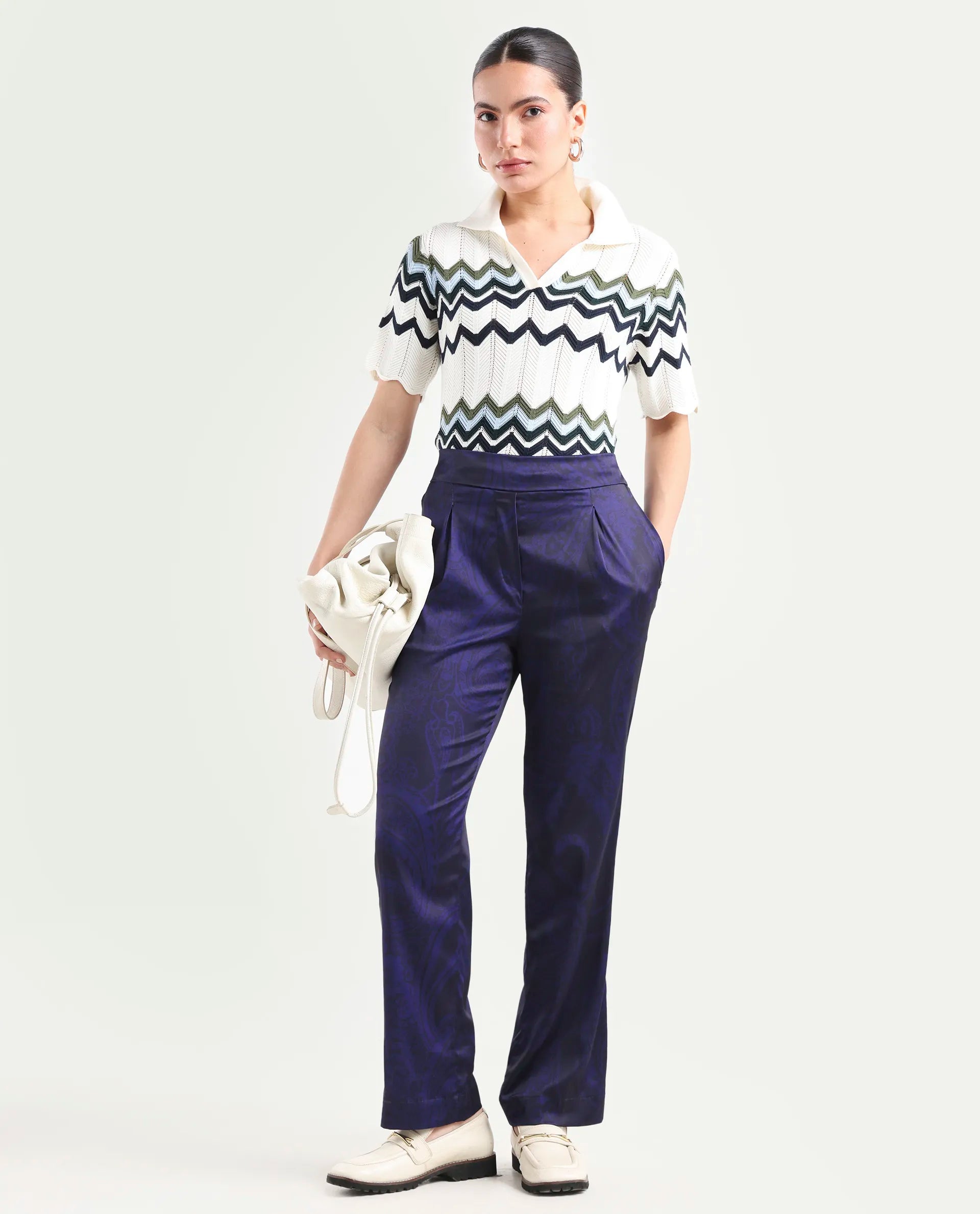 Rareism Women's Braun Navy Polyester Abstract Print Ankle Length Tailored Trouser