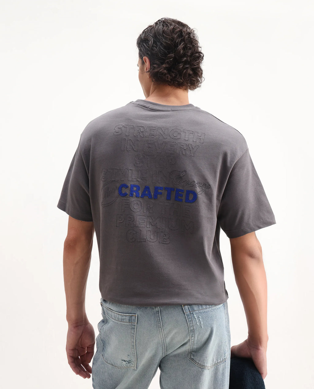 Rare Rabbit Men's Craft Dark Grey Cotton Embroidered Oversized Fit Half Sleeve Crew Neck T-Shirt