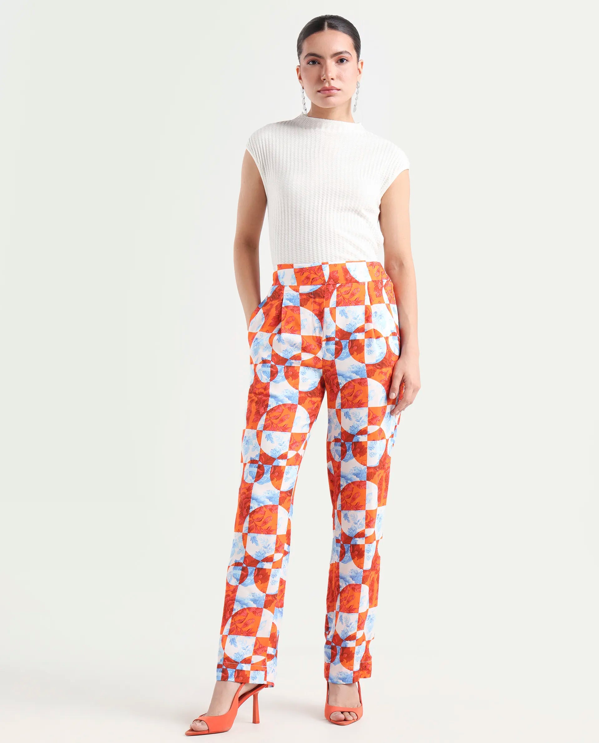 Rareism Women's Gray Orange Viscose Floral Print Ankle Length Regular Fit Trouser
